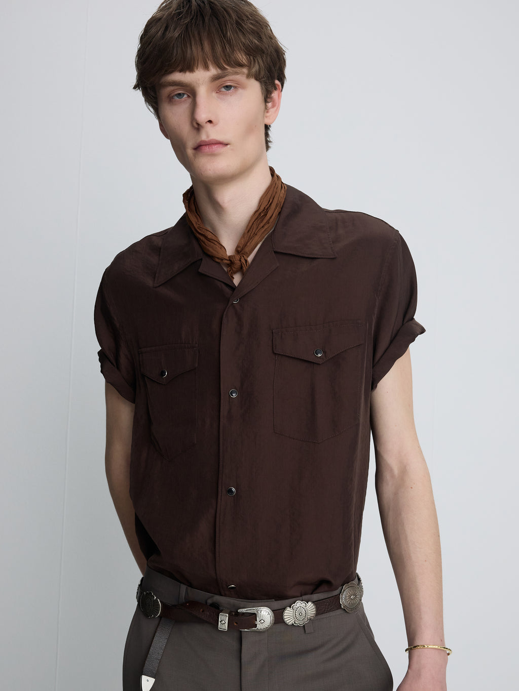 WASHED RAYON PEARL SNAP SHIRT_ BROWN