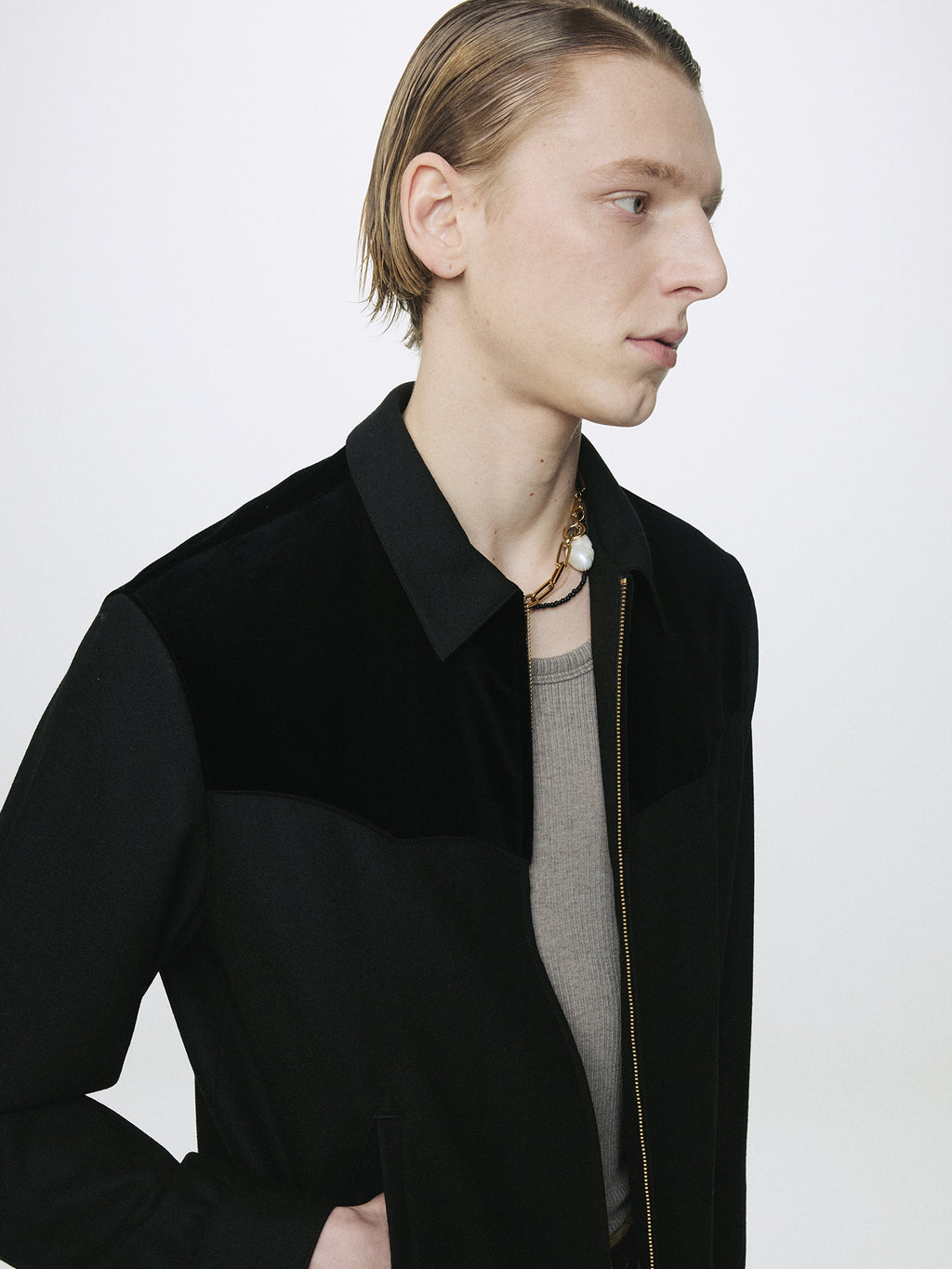WOOL VELVET TRIMMED BLOUSON JACKET_ BLACK