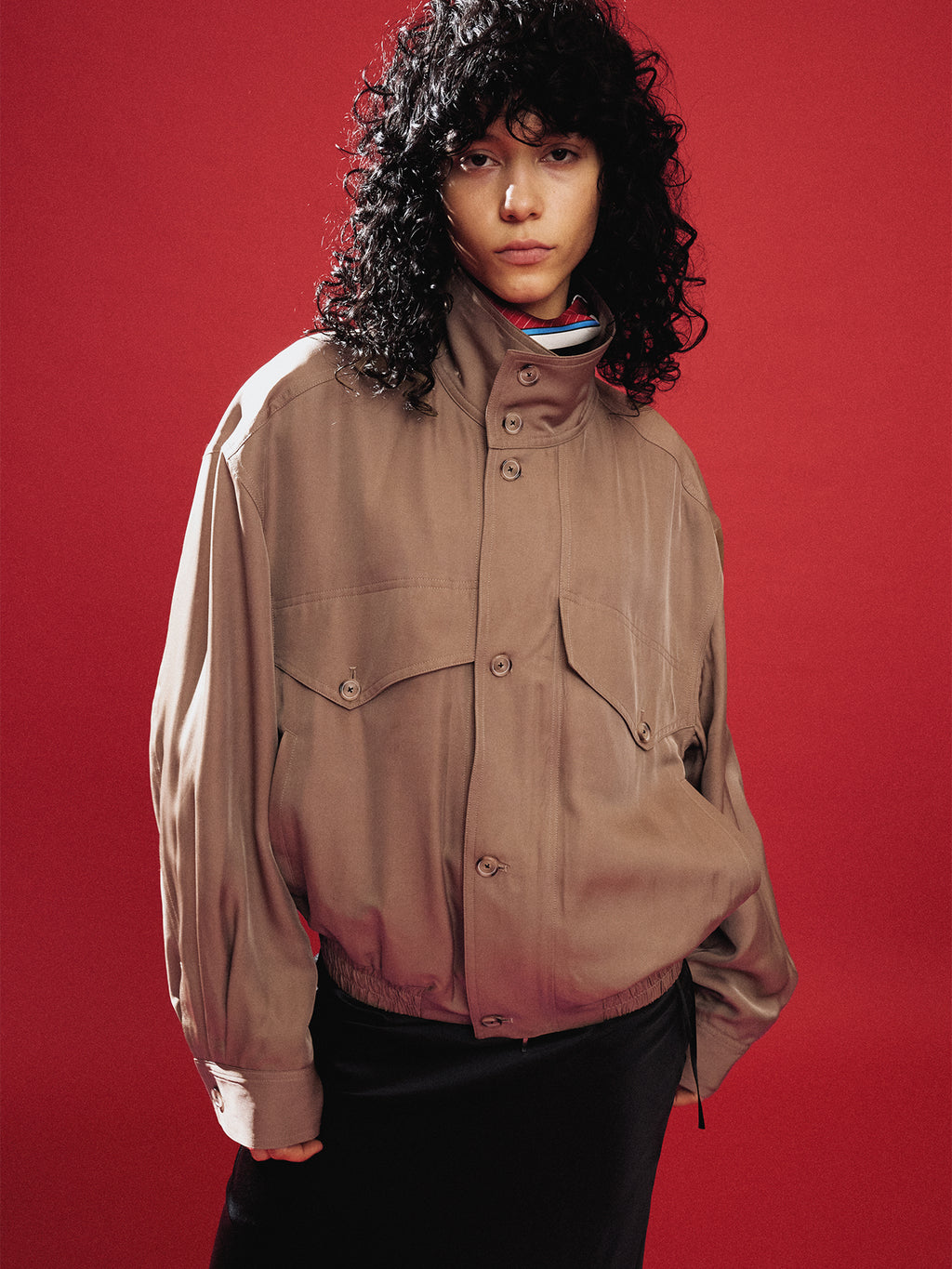 (W) OVERSIZED STAND COLLAR BLOUSON_ SAND