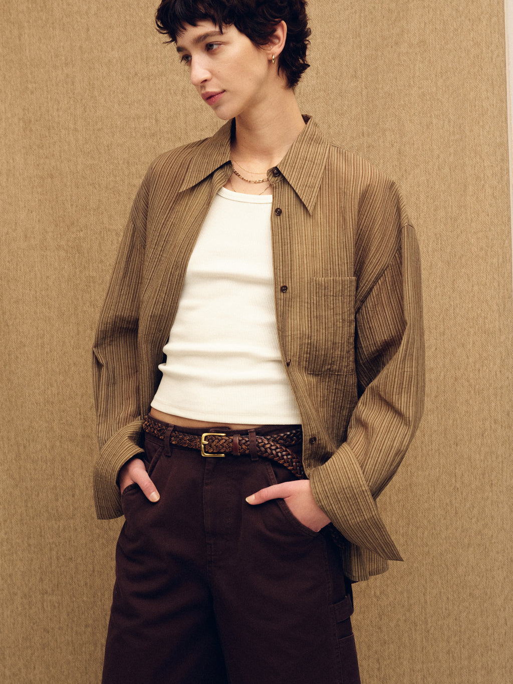 (W) LYOCELL OVERSIZED STRIPE SHIRT_ OLIVE STRIPE