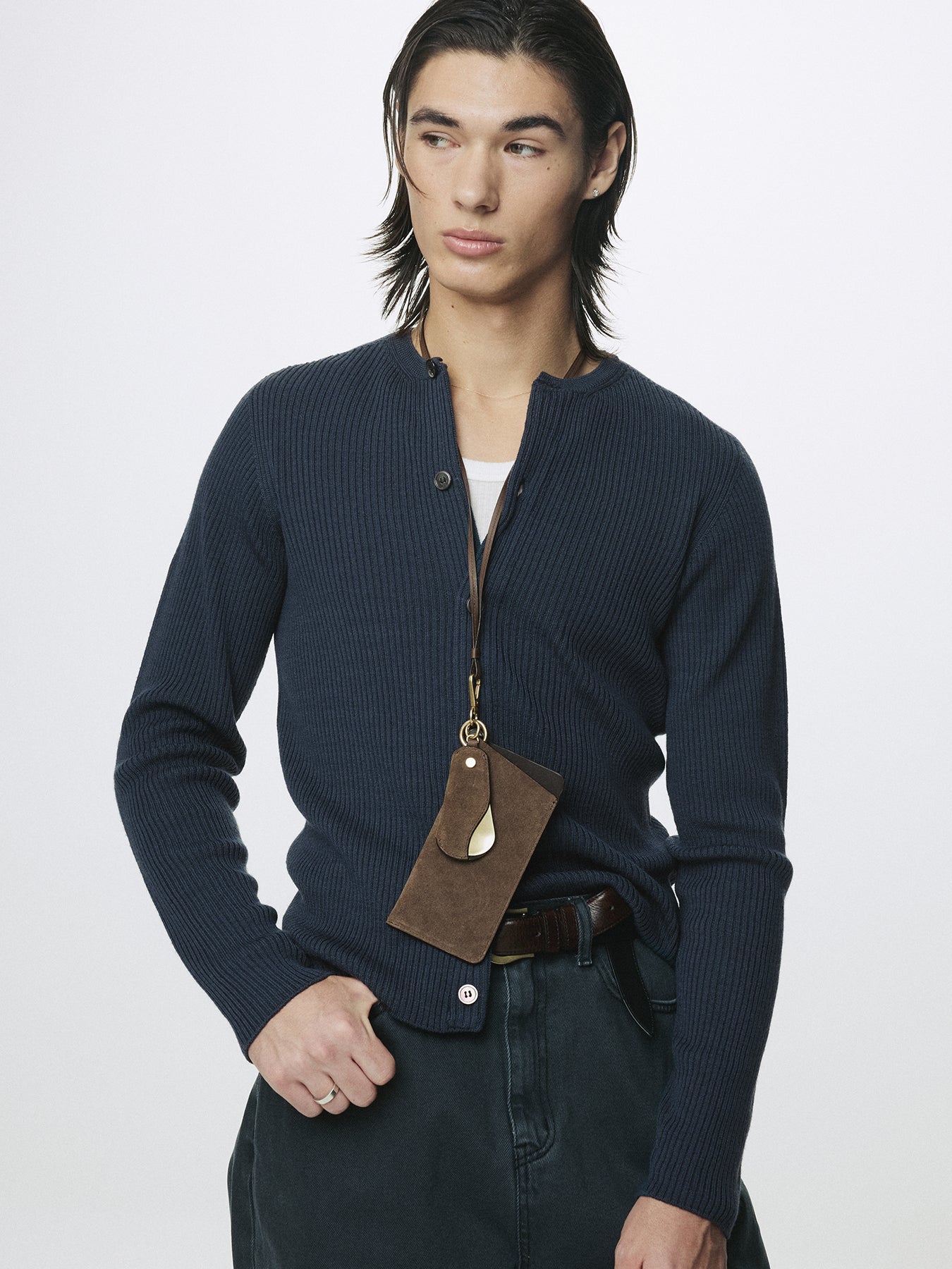 SUPER FINE MERINO WOOL RIBBED CARDIGAN_ SLATE NAVY