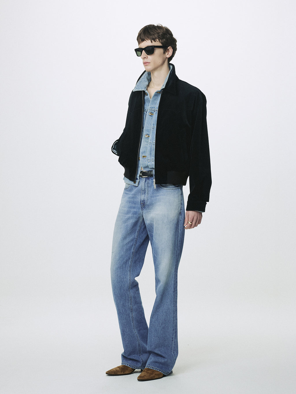 FLARED-LEG DISTRESSED DENIM JEANS_ FADED BLUE