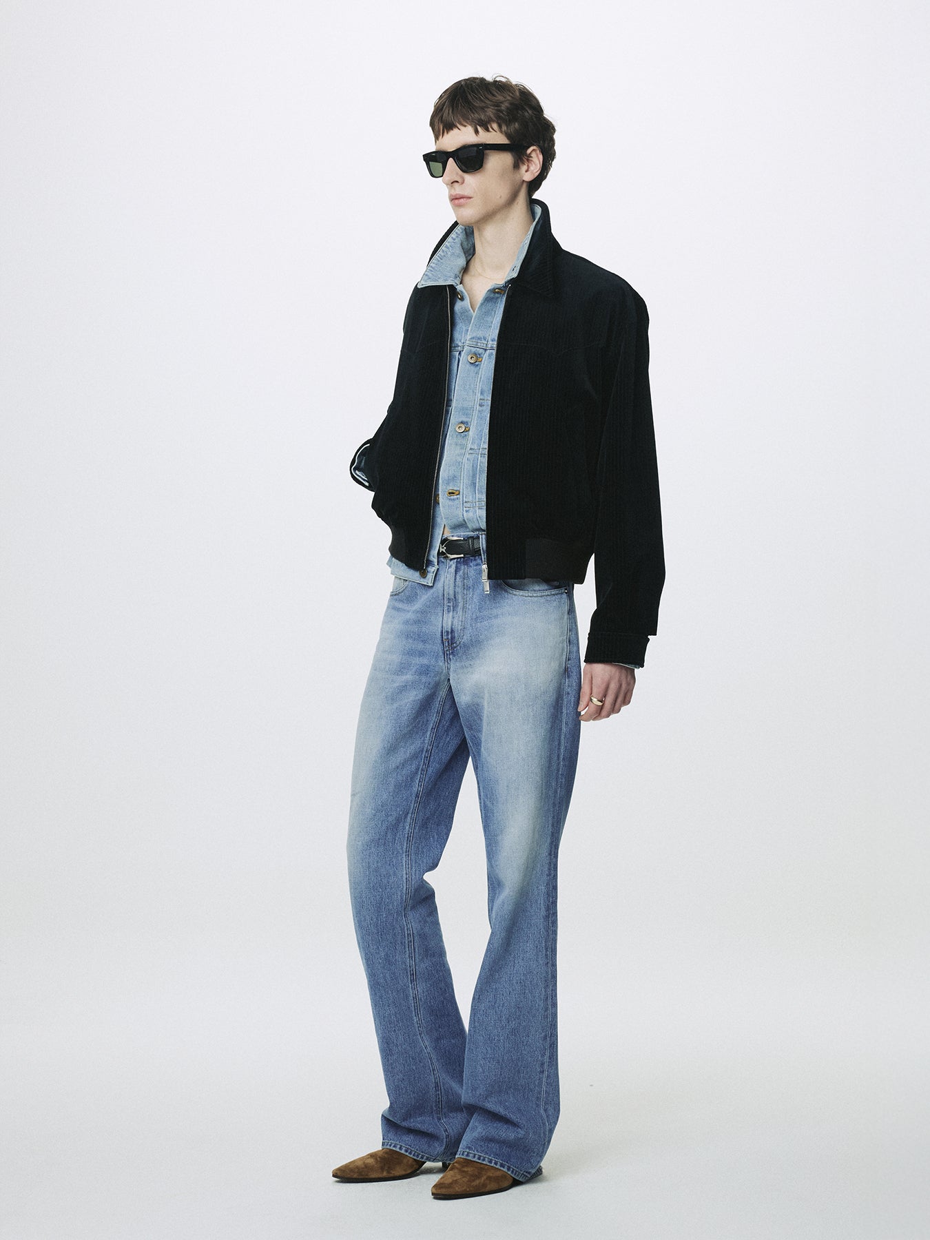 FLARED-LEG DISTRESSED DENIM JEANS_ FADED BLUE
