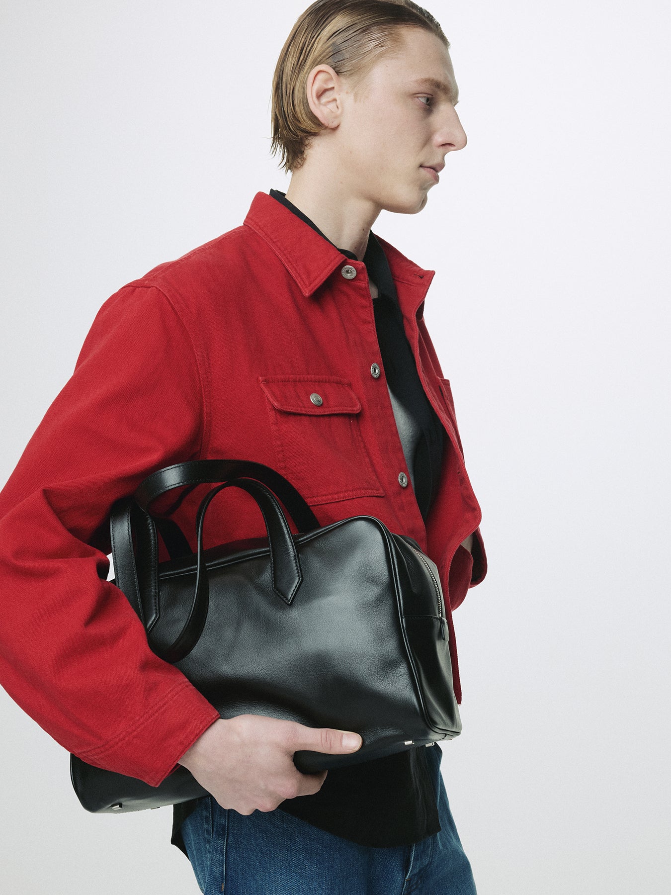 SLUB COTTON CROPPED WORK JACKET_ RED
