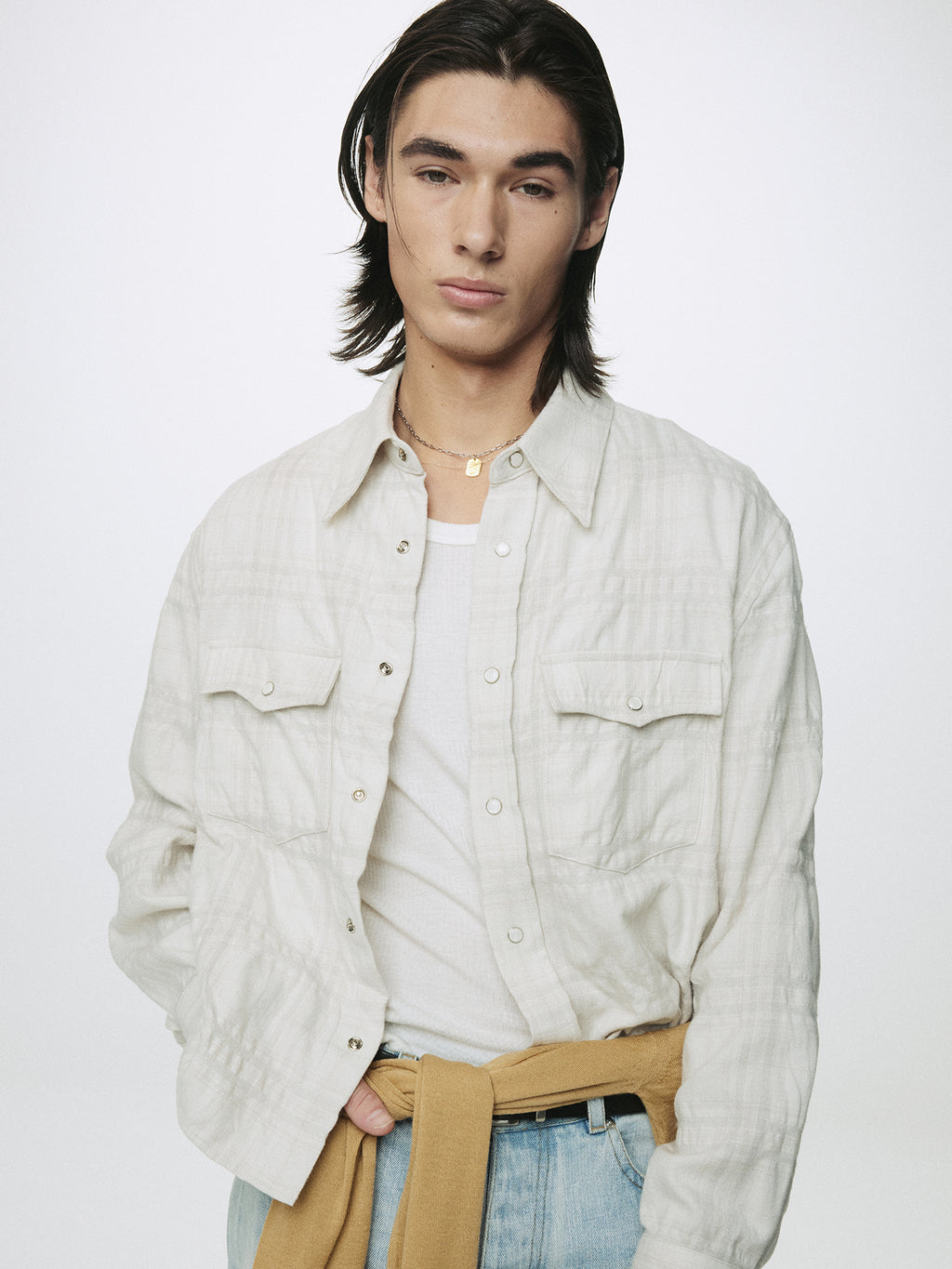 WOOL AND COTTON CHECKED SHIRT JACKET (JAPANESE FABRIC)_ IVORY