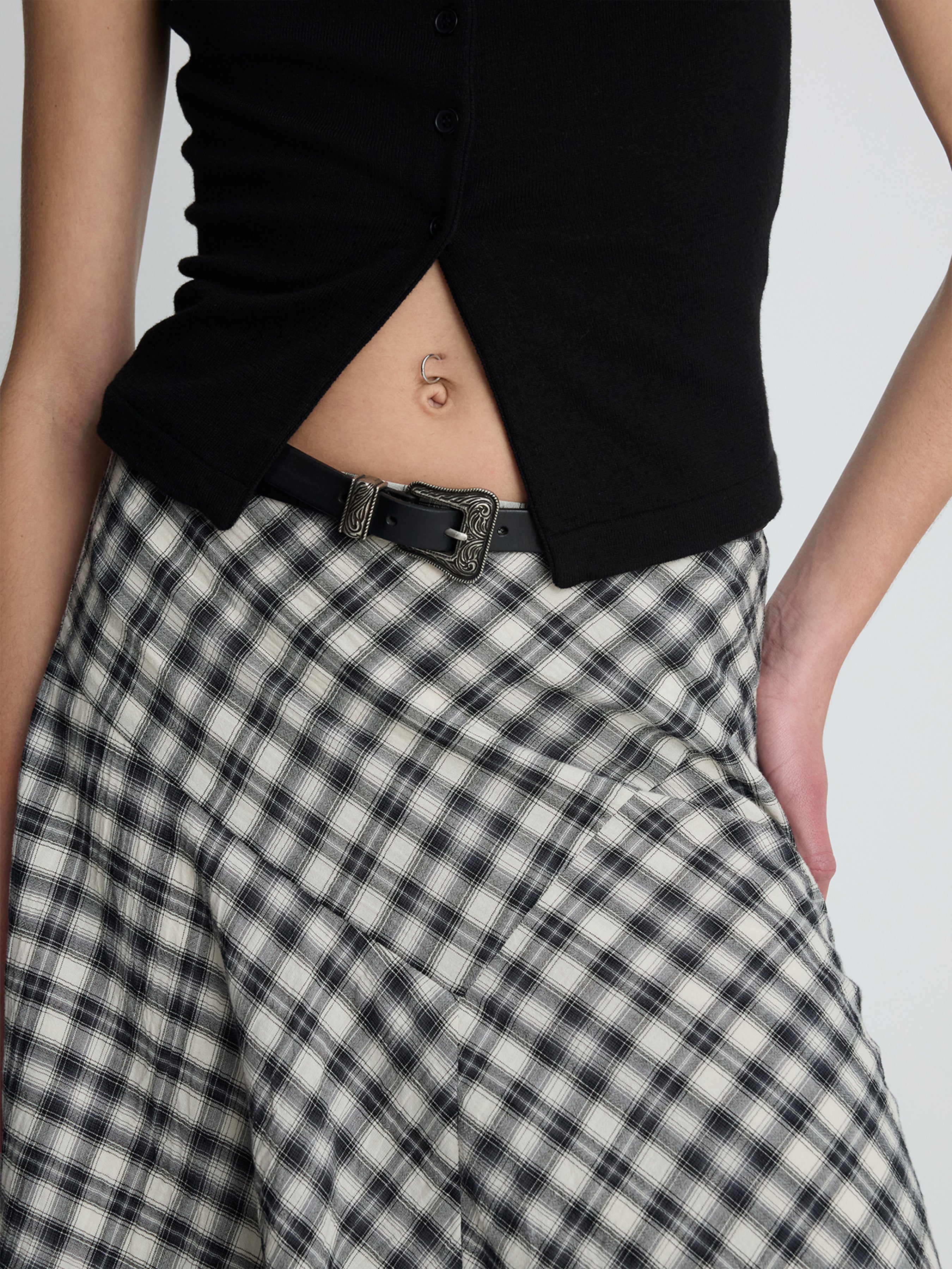 (W) COTTON CHECK PATCHWORK SKIRT_ BLACK CHECK