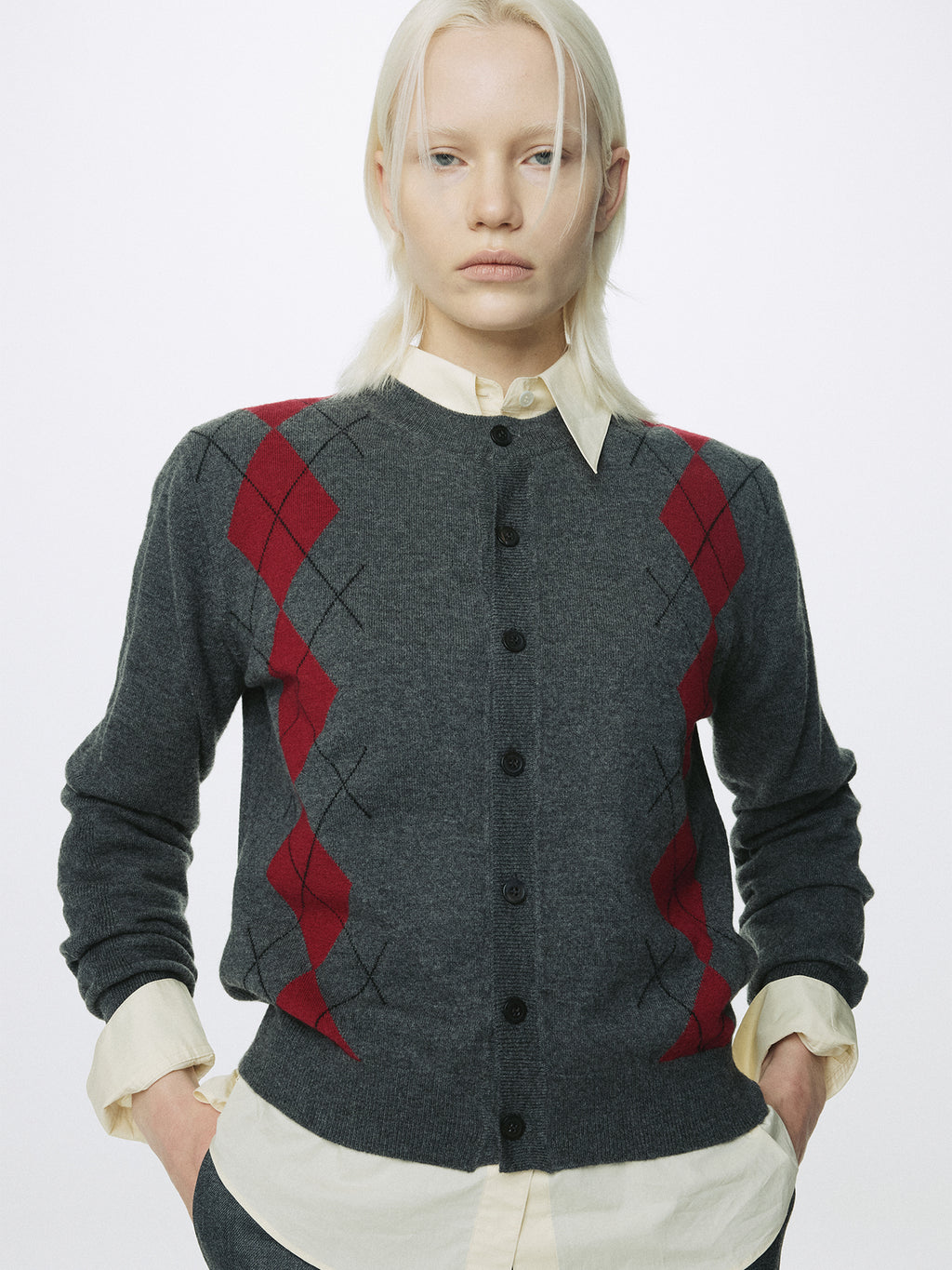 (W) MERINO WOOL ARGYLE CARDIGAN_ GREY/RED
