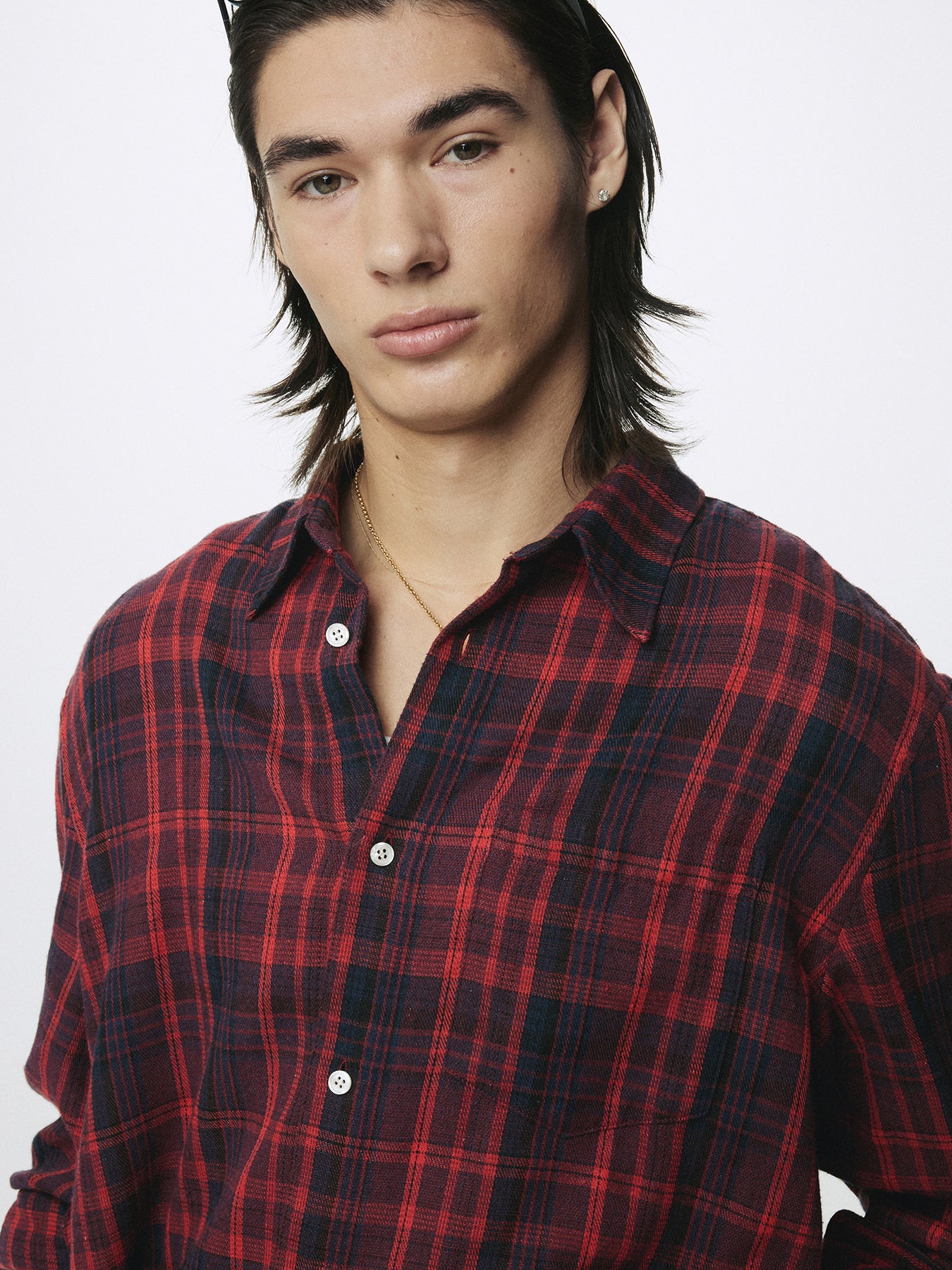 WASHED COTTON BLEND CHECK SHIRT_ RED/BLUE