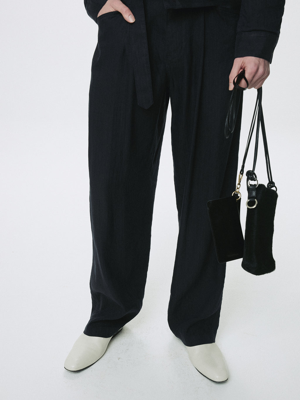 WASHED LINEN BELTED PANTS (ITALIAN FABRIC)_ DARK NAVY