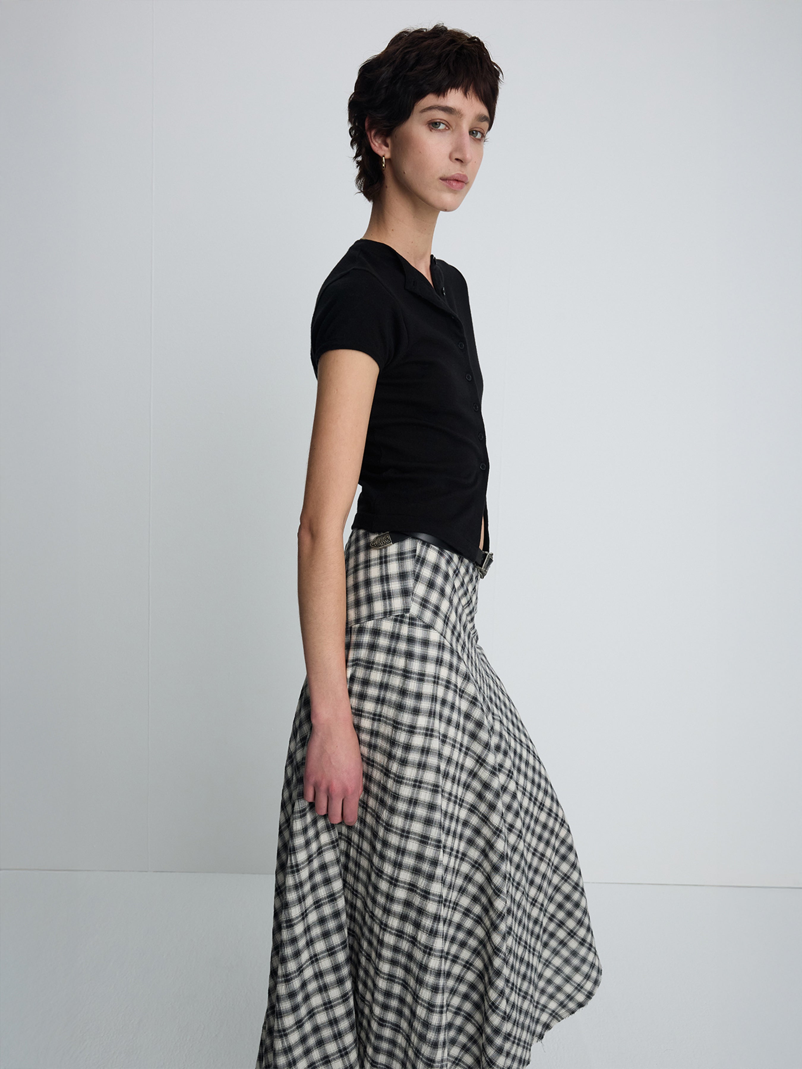 (W) COTTON CHECK PATCHWORK SKIRT_ BLACK CHECK