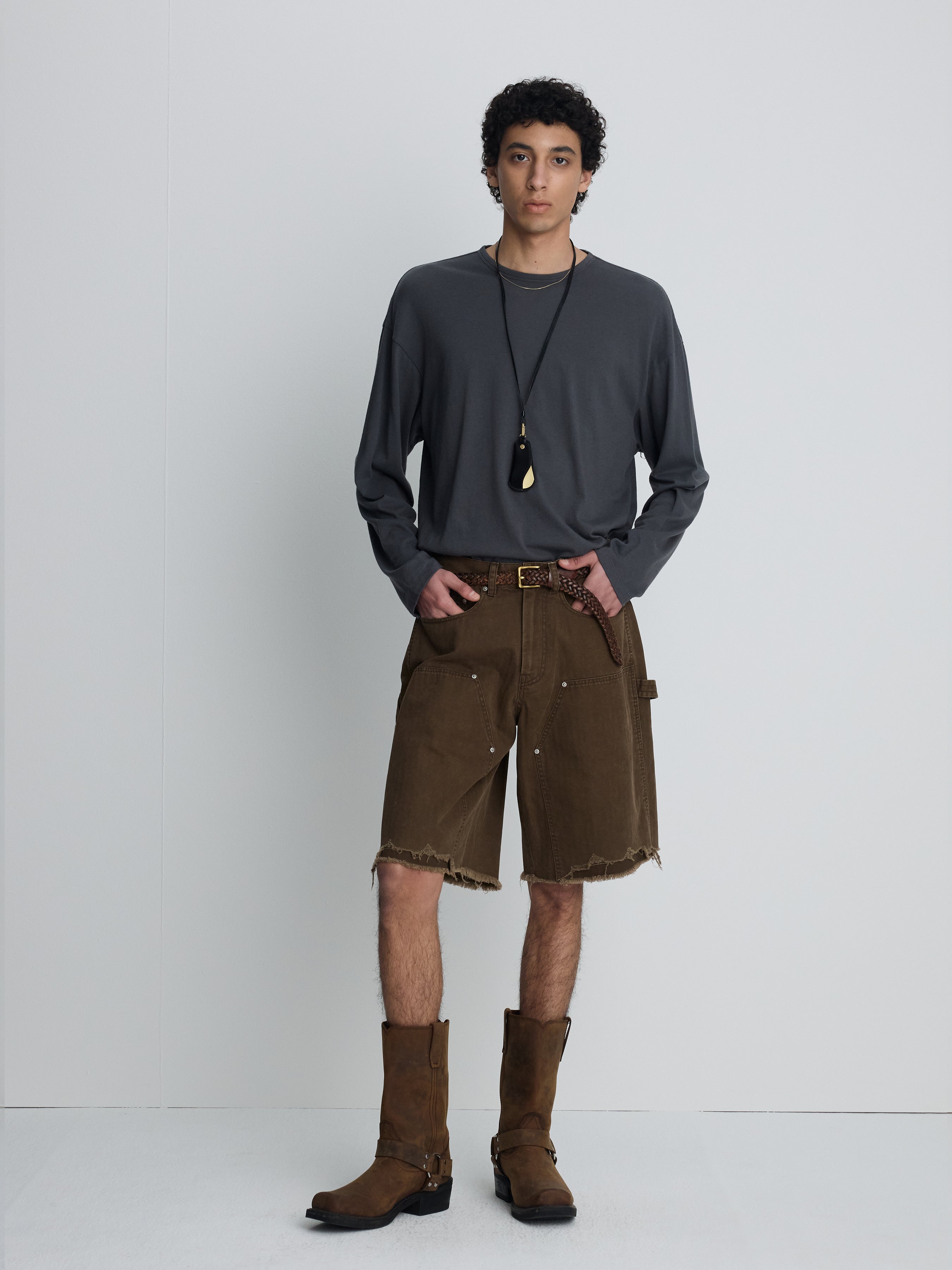 HAND DISTRESSED HBT DOUBLE KNEE SHORTS_ FADED BROWN
