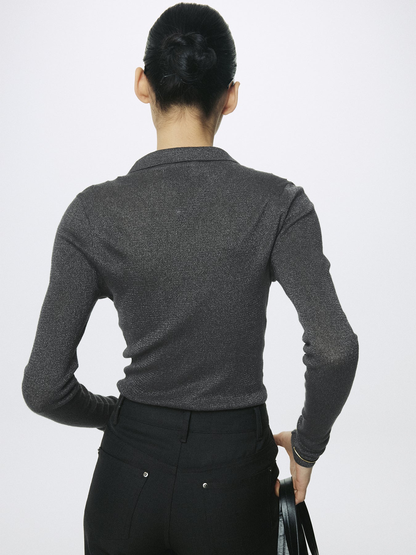 (W) GLITTER RIBBED KNIT POLO SHIRT_ CHARCOAL
