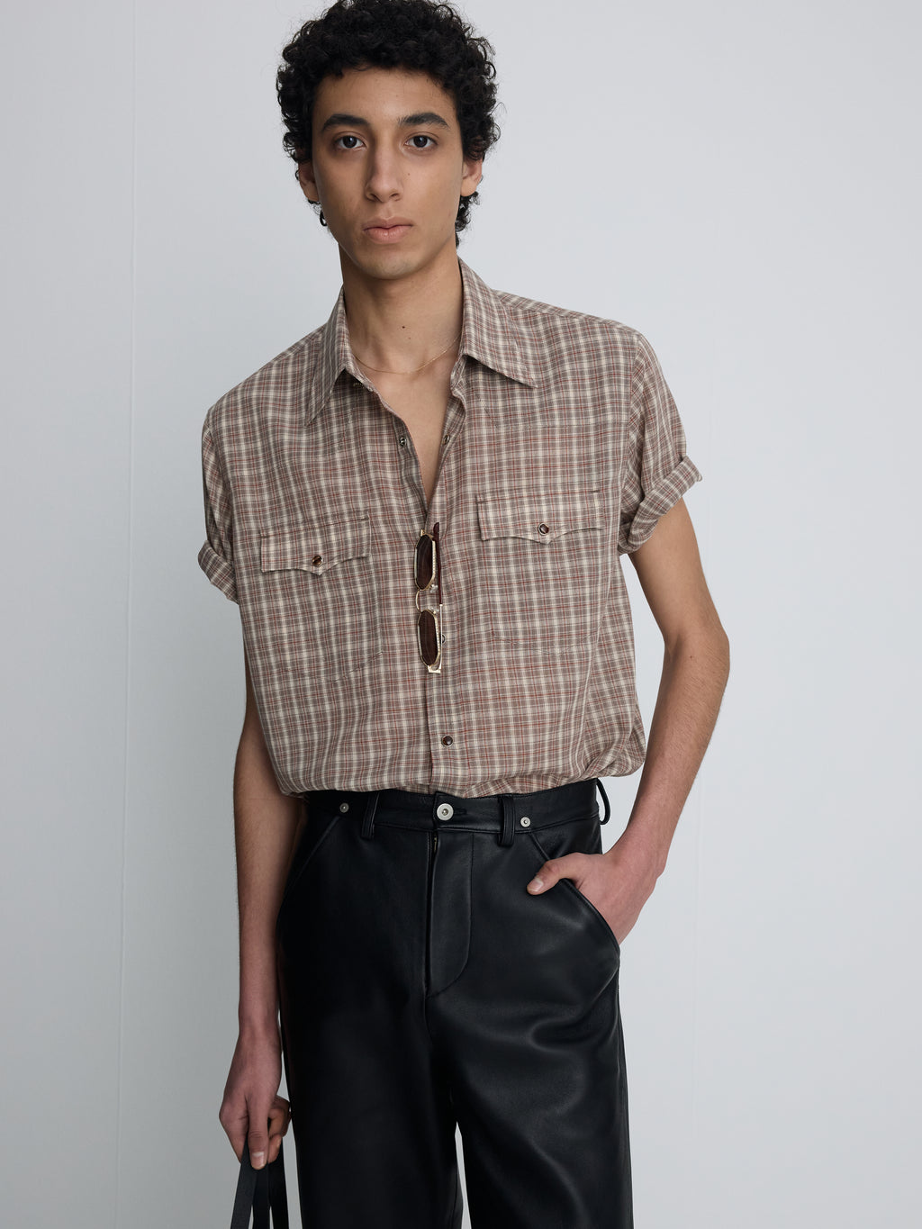 CHECKED COTTON BLEND WESTERN SHIRT_ TAUPE/AMBER