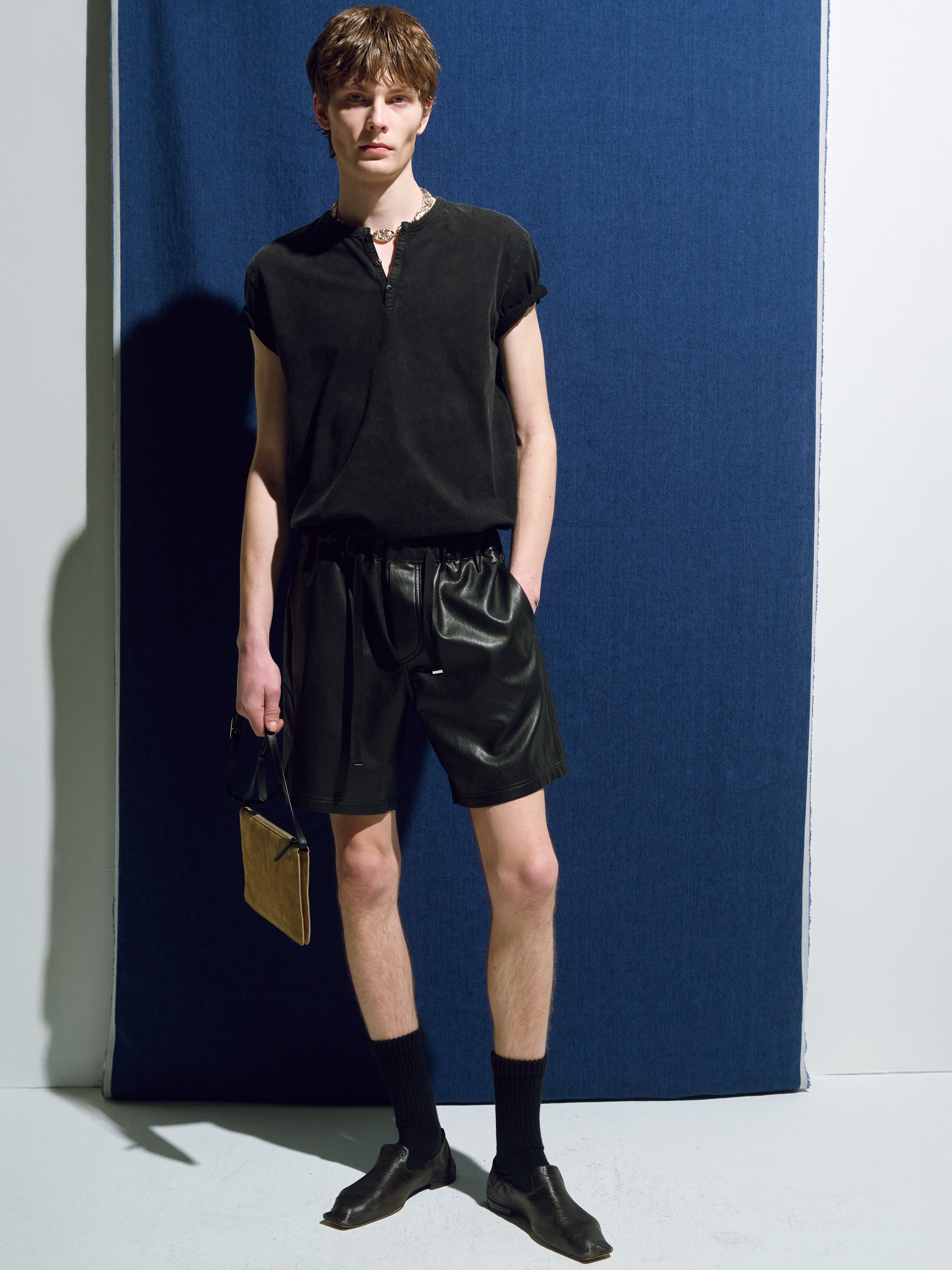 FAUX LEATHER LOUNGE SHORTS_  BLACK