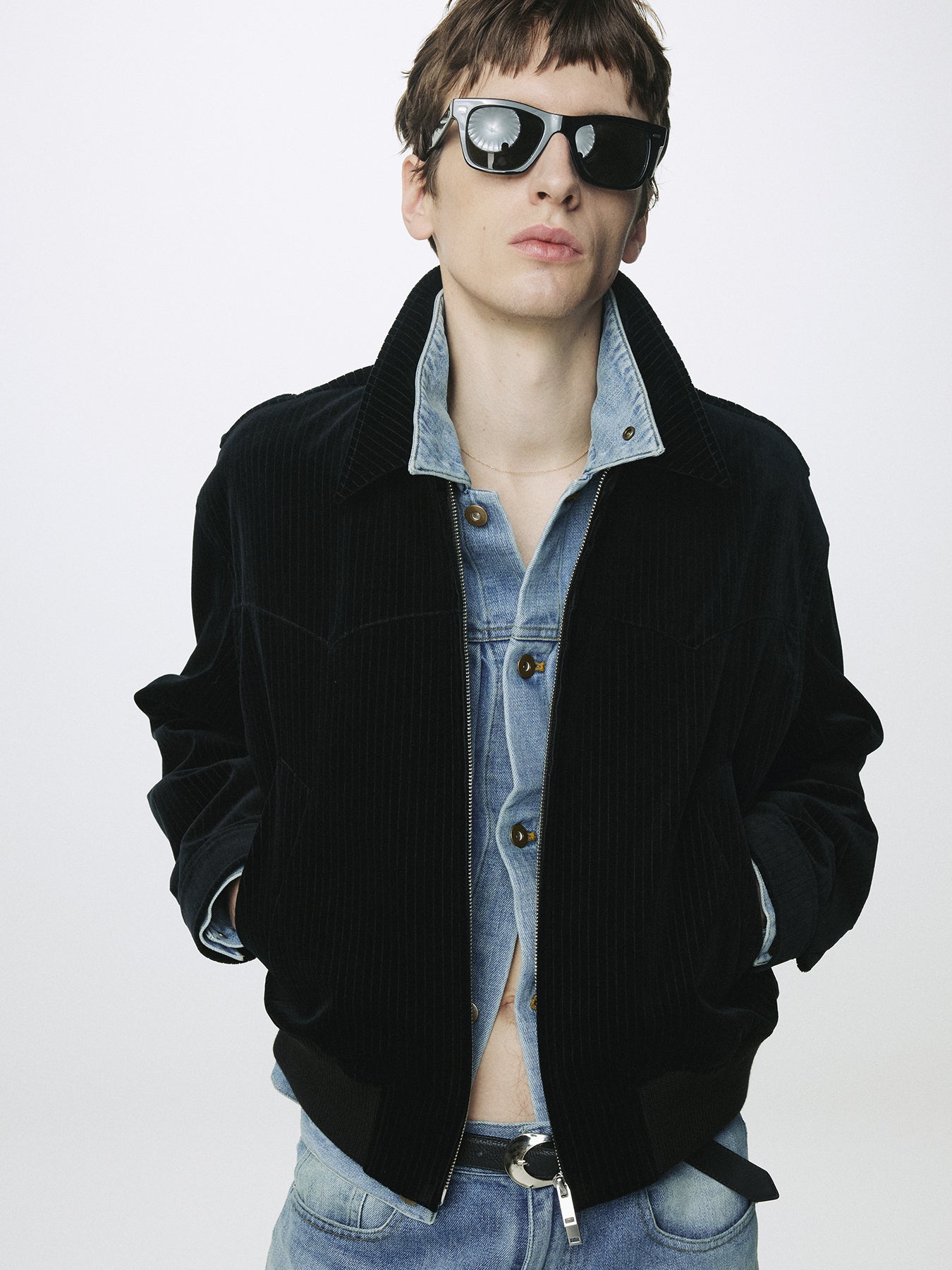 RIBBED VELVET WESTERN BLOUSON_ BLACK