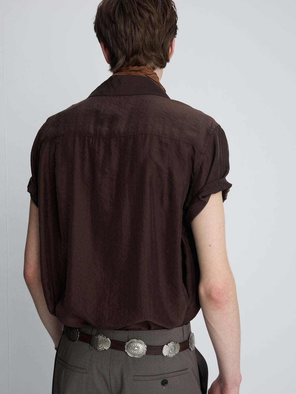 WASHED RAYON PEARL SNAP SHIRT_ BROWN