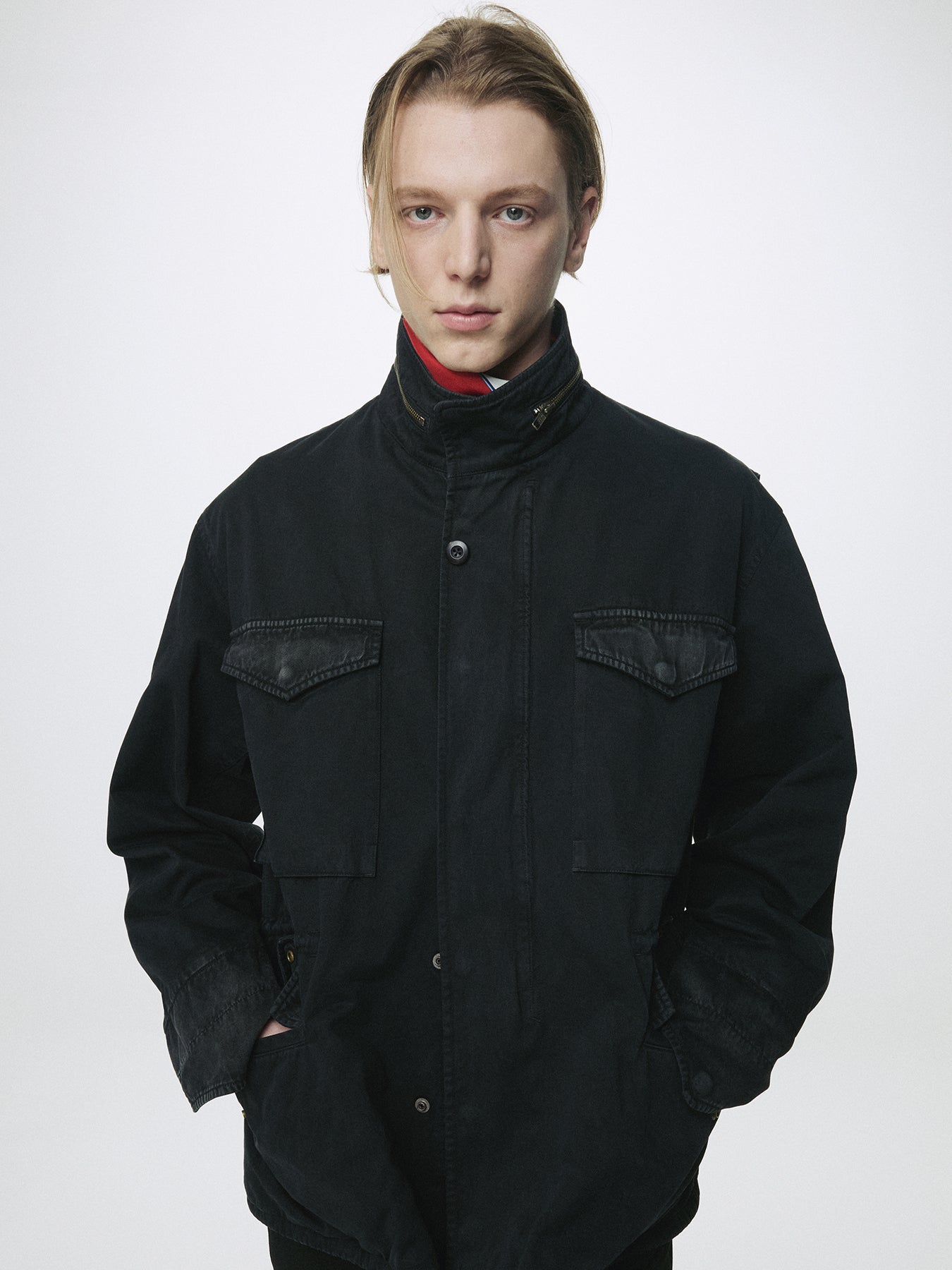 GARMENT DYED COTTON FIELD JACKET_ FADED BLACK