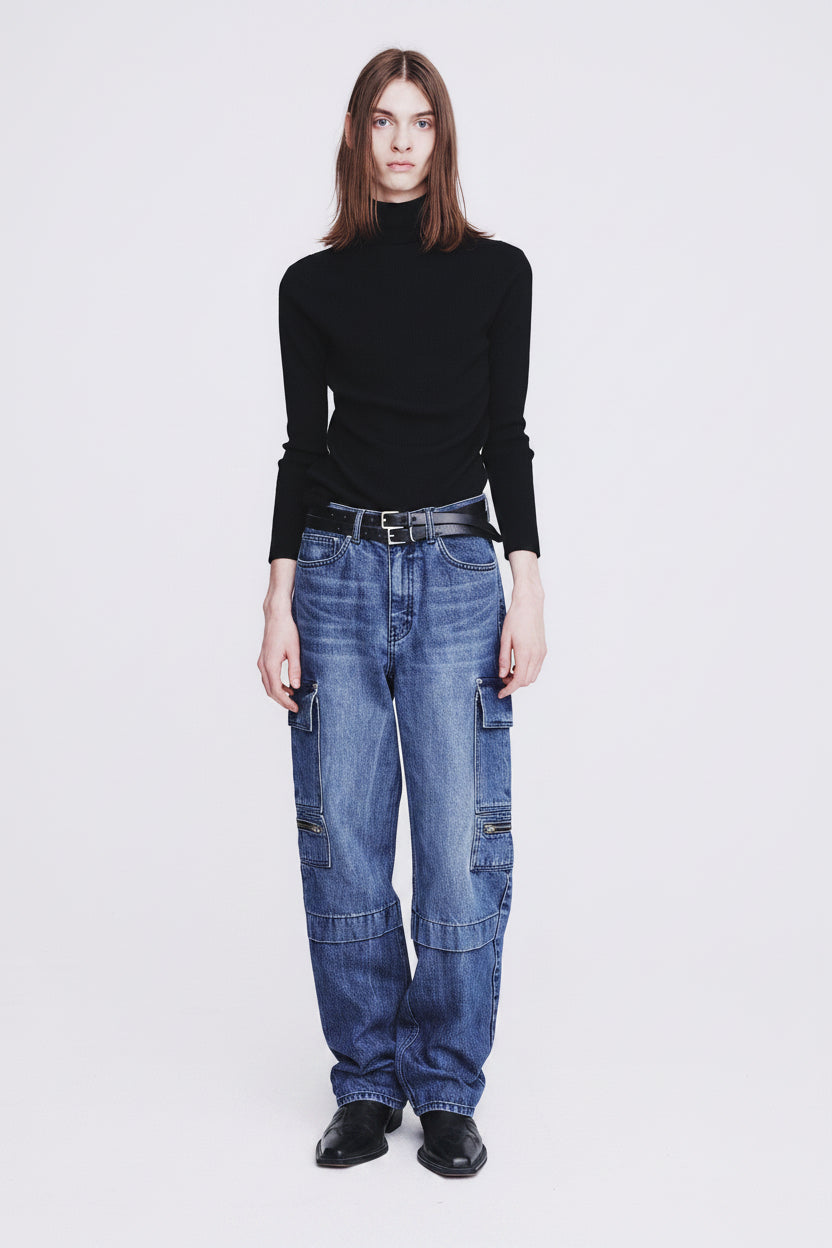 Relaxed Cut Denim Cargo Jeans_ Faded Mid Blue