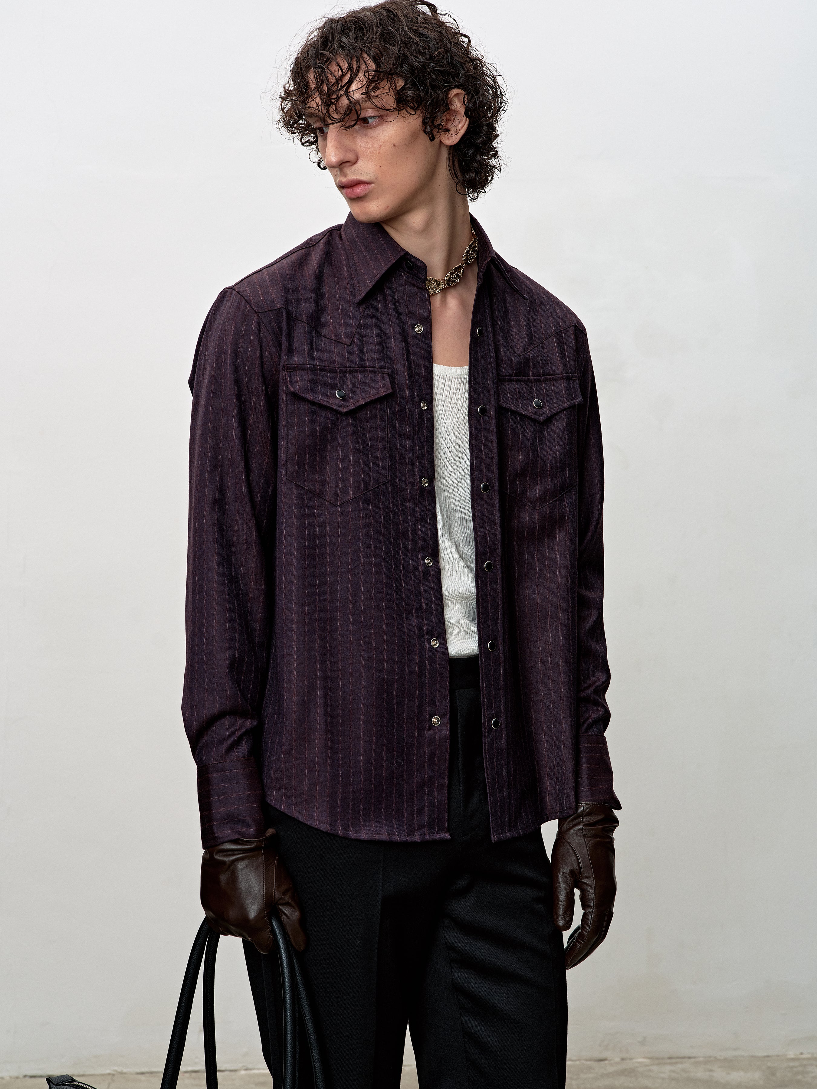STRIPED WOOL WESTERN SHIRT_ DARK BURGUNDY