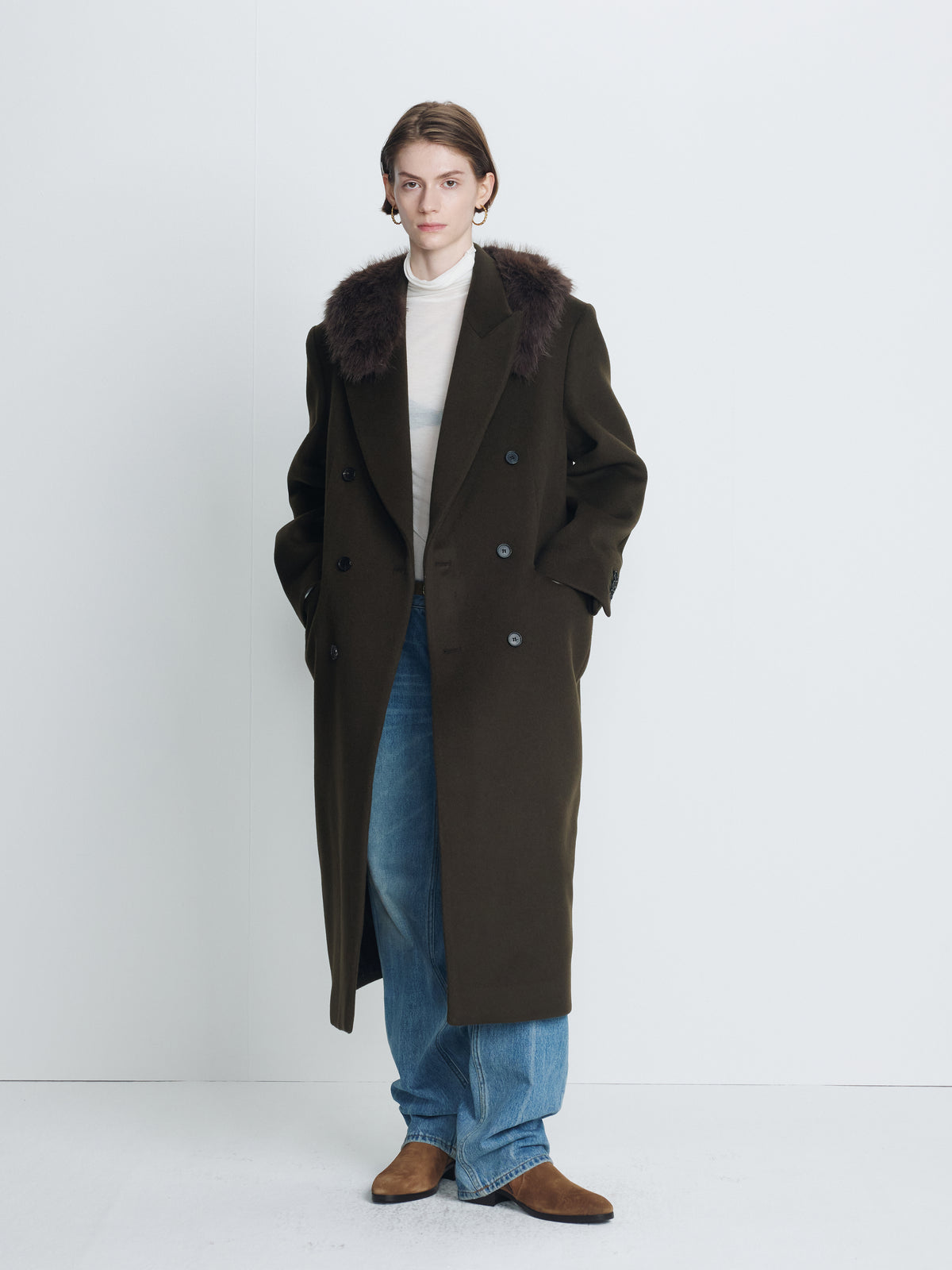 (W) WOOL TAILORED DOUBLE-BREASTED MAXI COAT_ KHAKI DARK BROWN