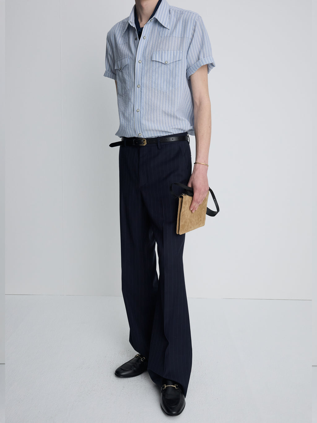 TROPICAL WOOL FLARED TROUSERS_ NAVY STRIPE