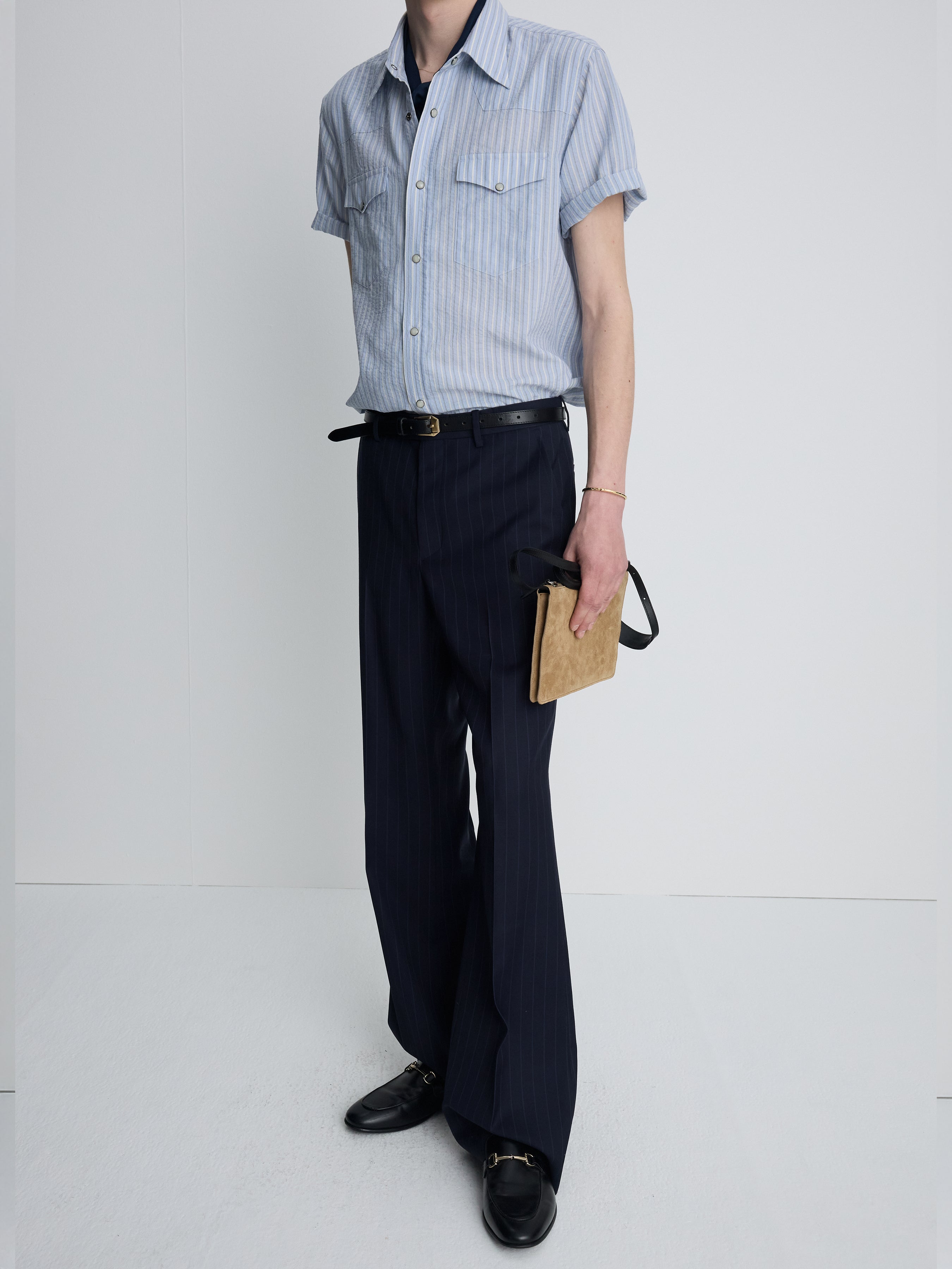 TROPICAL WOOL FLARED TROUSERS_ NAVY STRIPE