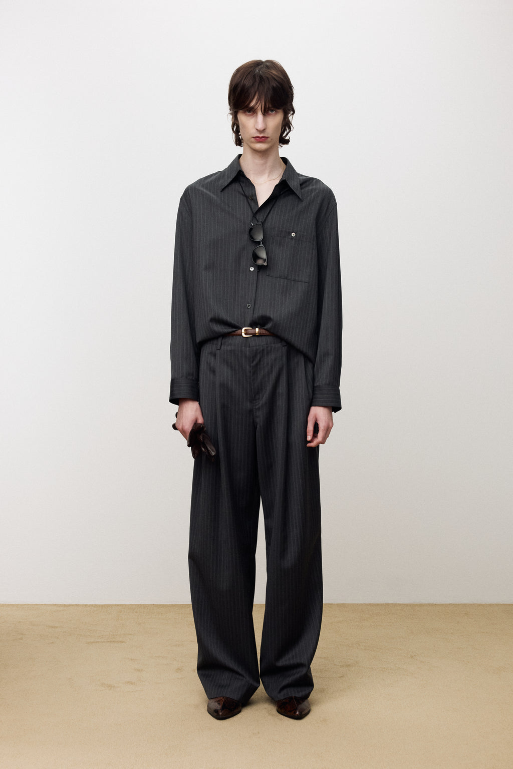 STRIPED WOOL DOUBLE-PLEATS WIDE TROUSERS_ GREY PINSTRIPE
