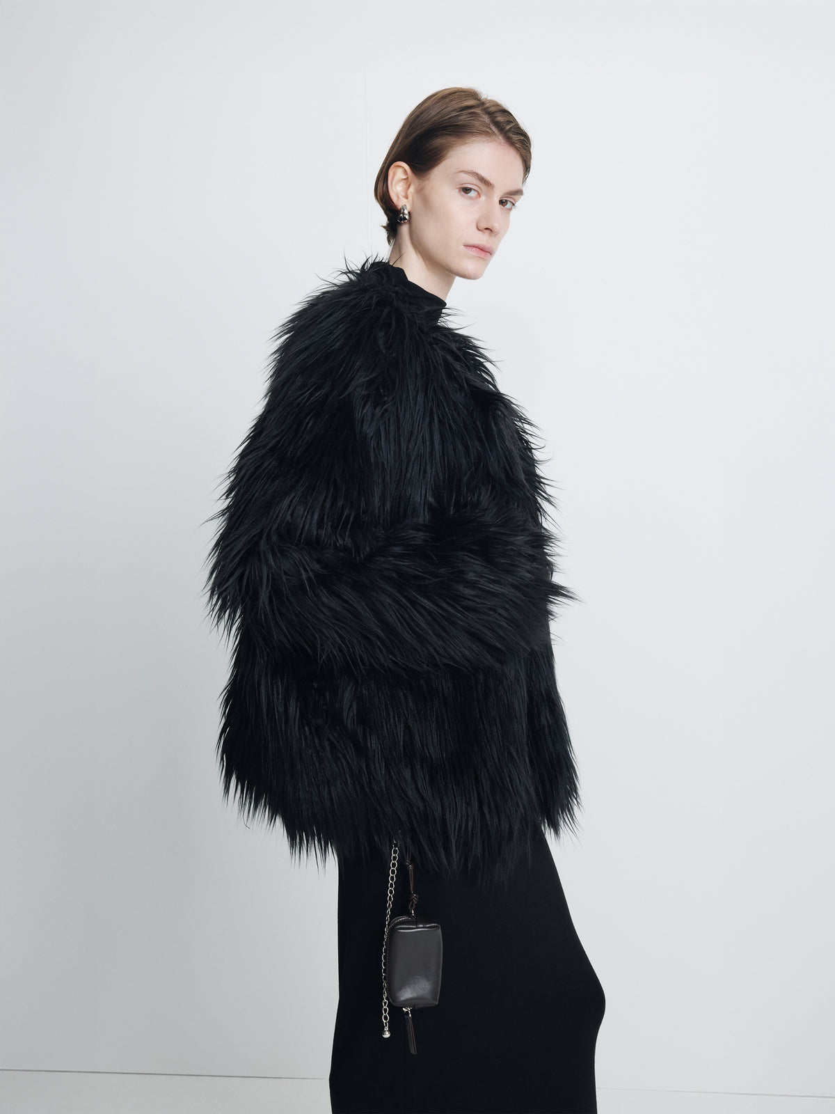 (W) LONG HAIR FAUX FUR JACKET_ BLACK