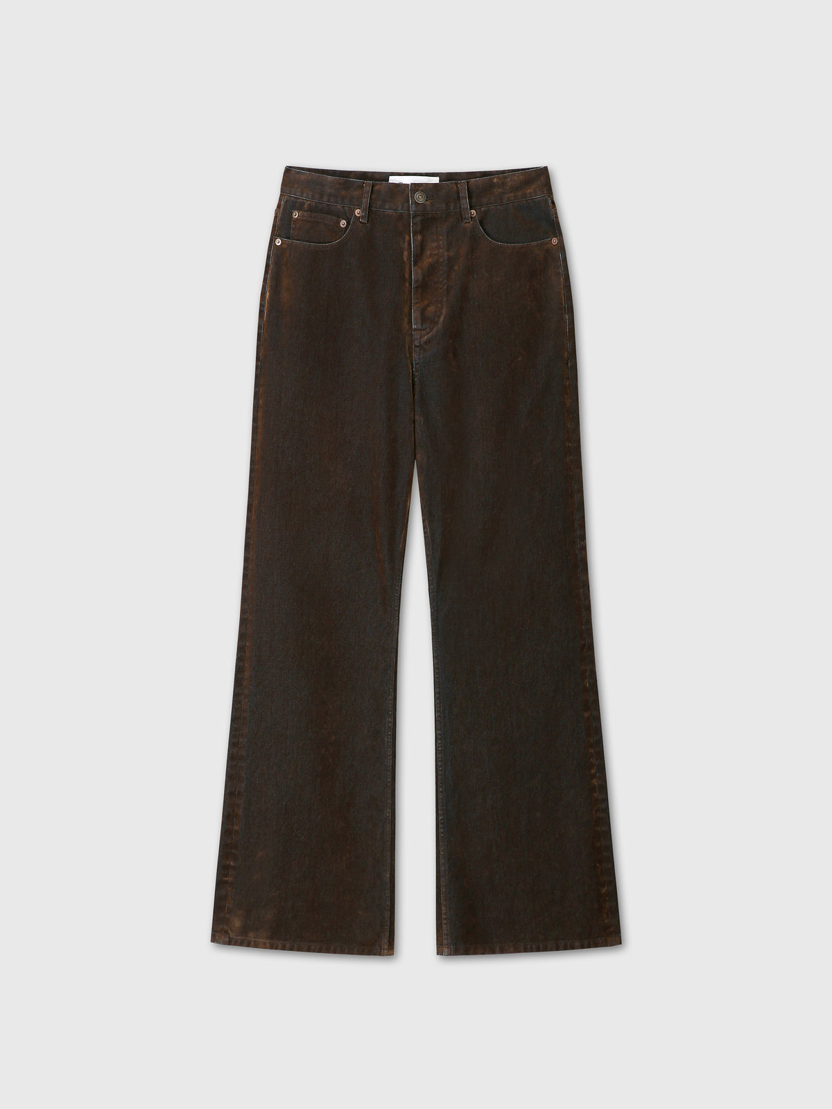 (W) FLOCKED DENIM LOOSE FLARED PANTS_ BROWN
