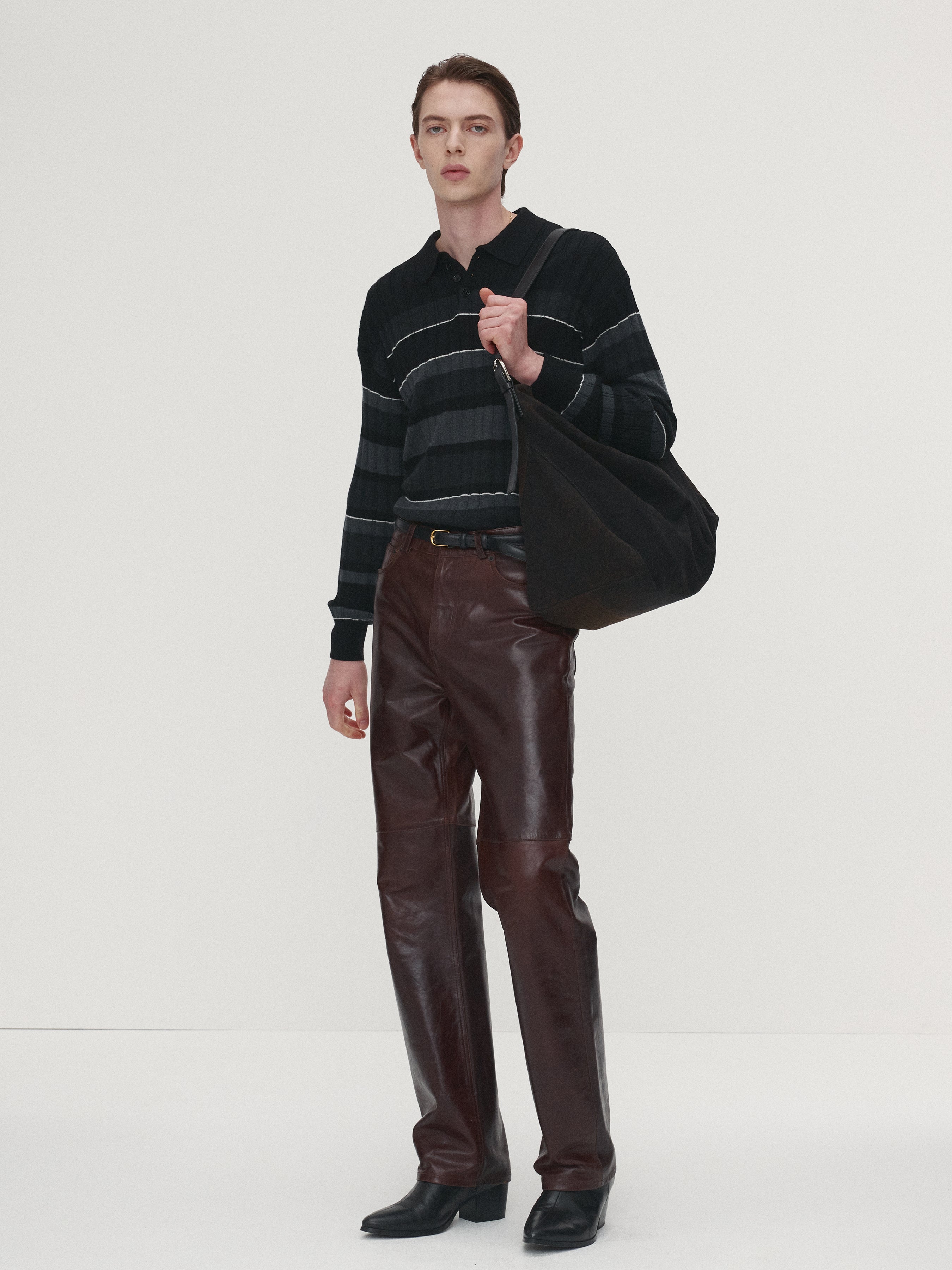 SUPER FINE WOOL RIBBED STRIPE POLO KNIT_ BLACK/GREY
