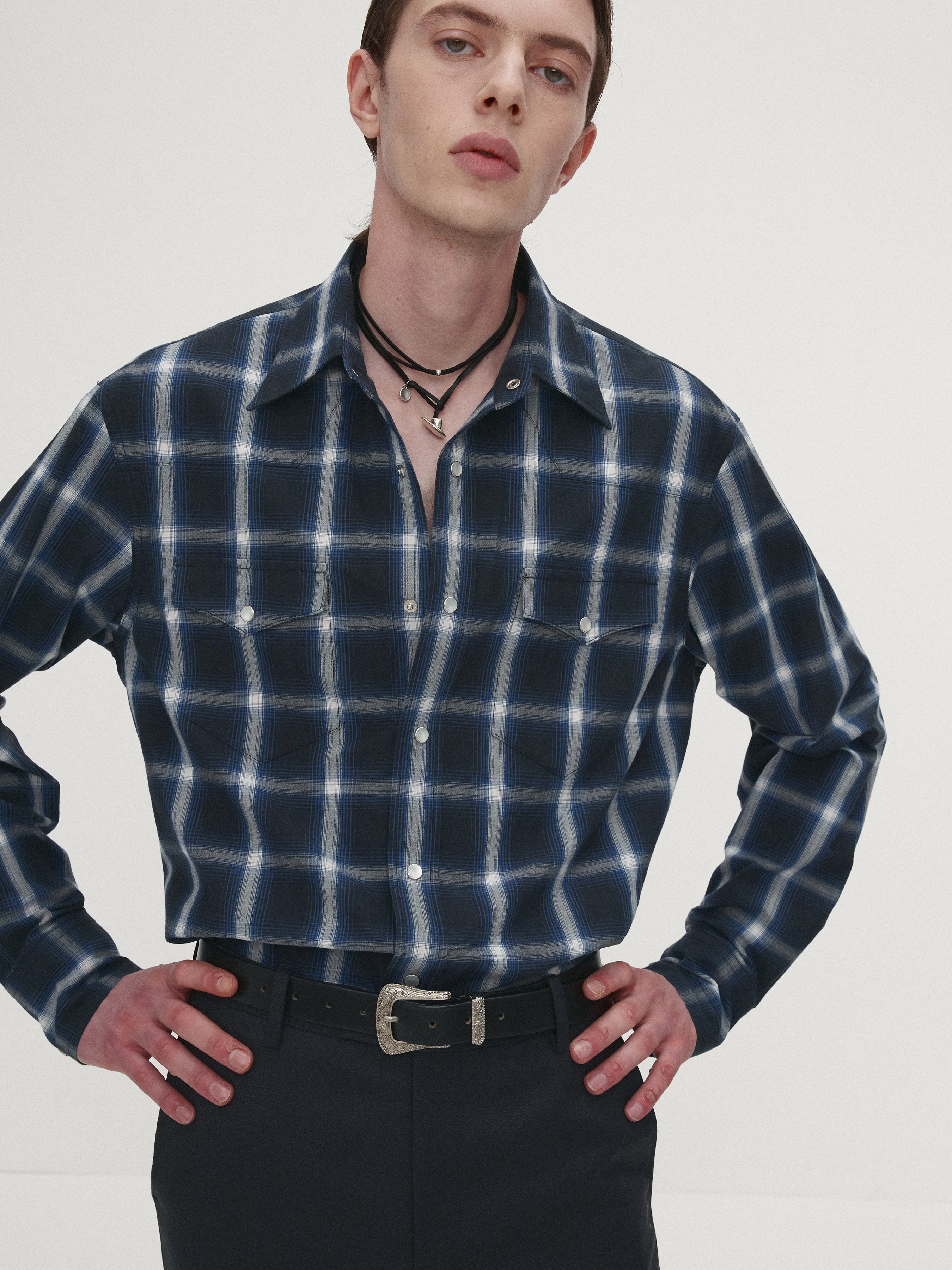 CHECKED COTTON WESTERN SHIRT (JAPANESE FABRIC)_ NAVY/WHITE