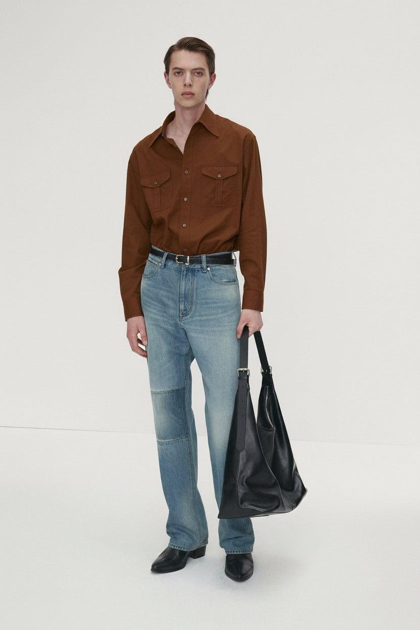 SAND-WASHED COTTON OFFICER SHIRT_ AMBER BROWN