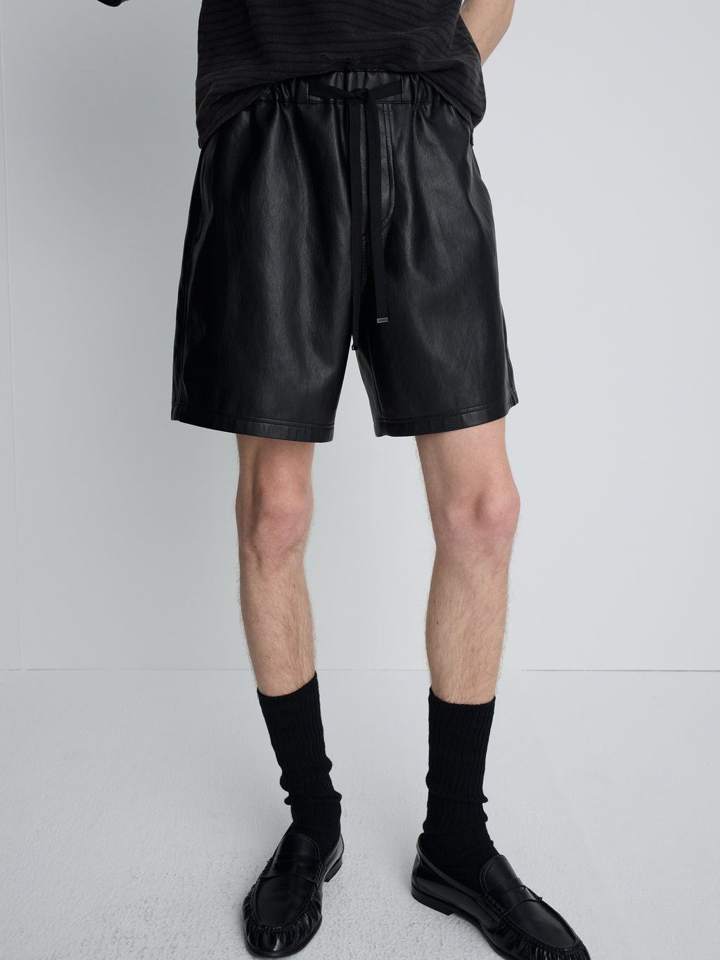 FAUX LEATHER LOUNGE SHORTS_  BLACK