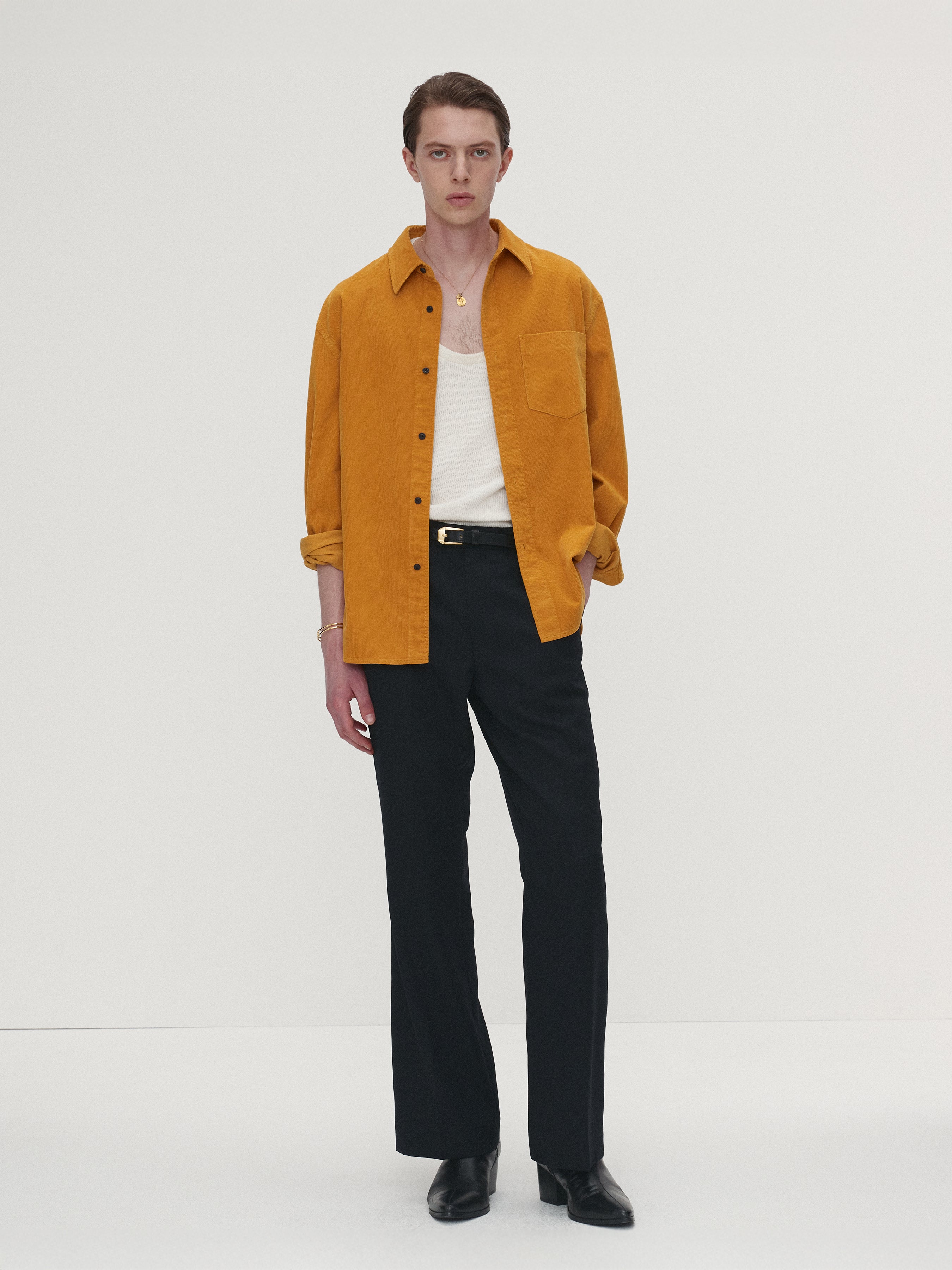 WASHED CORDUROY DISTRESSED SHIRT_ MUSTARD