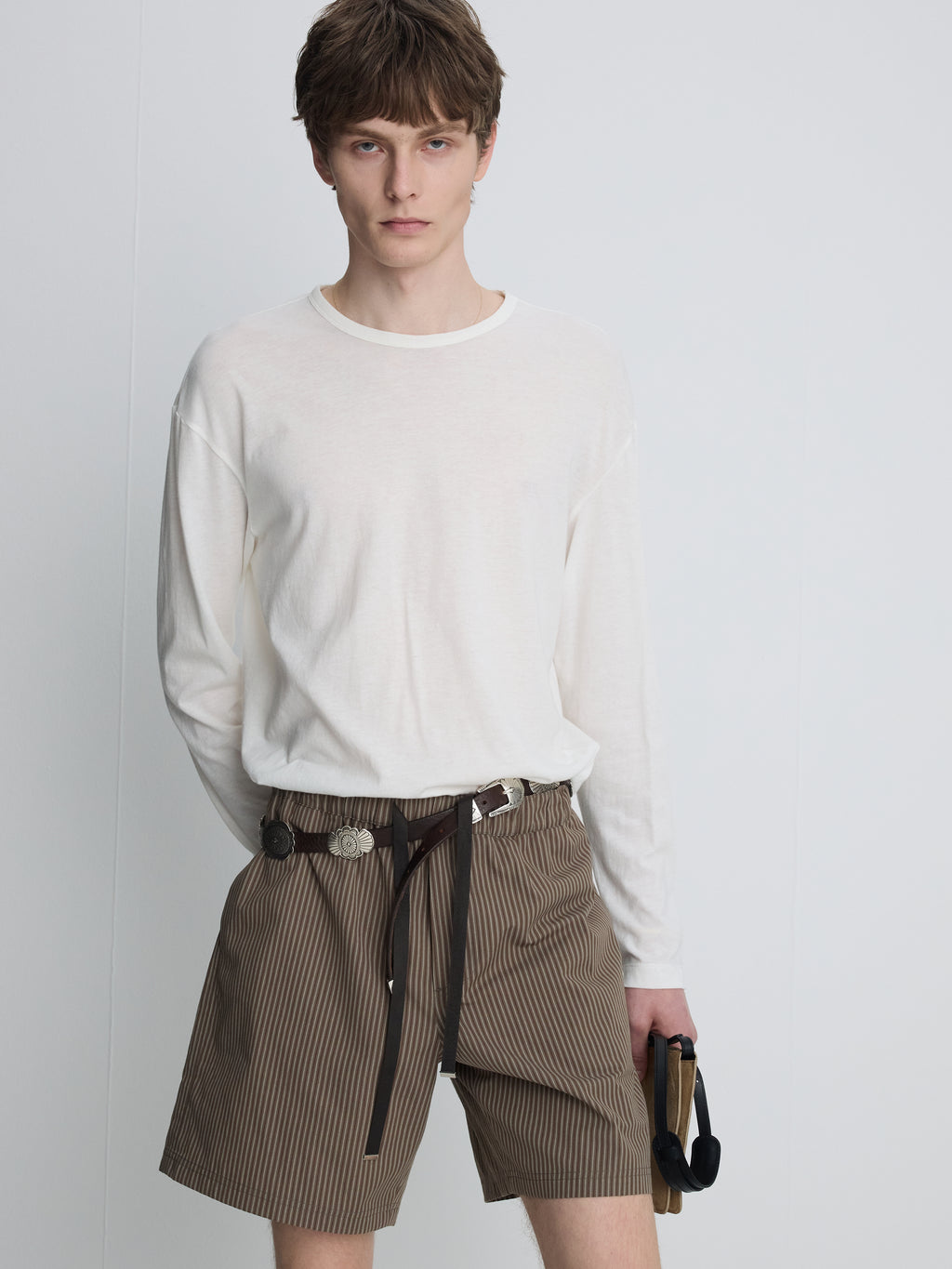 STRIPED COTTON LOUNGE SHORTS_ OLIVE BROWN