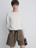 STRIPED COTTON LOUNGE SHORTS_ OLIVE BROWN