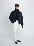LEATHER COLLAR DOWN PUFFER BLOUSON_ BLACK
