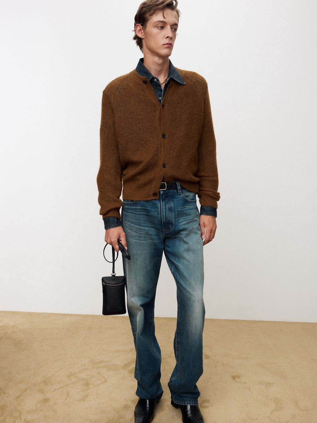 WOOL AND MOHAIR RIBBED MESH CARDIGAN_ CAMEL