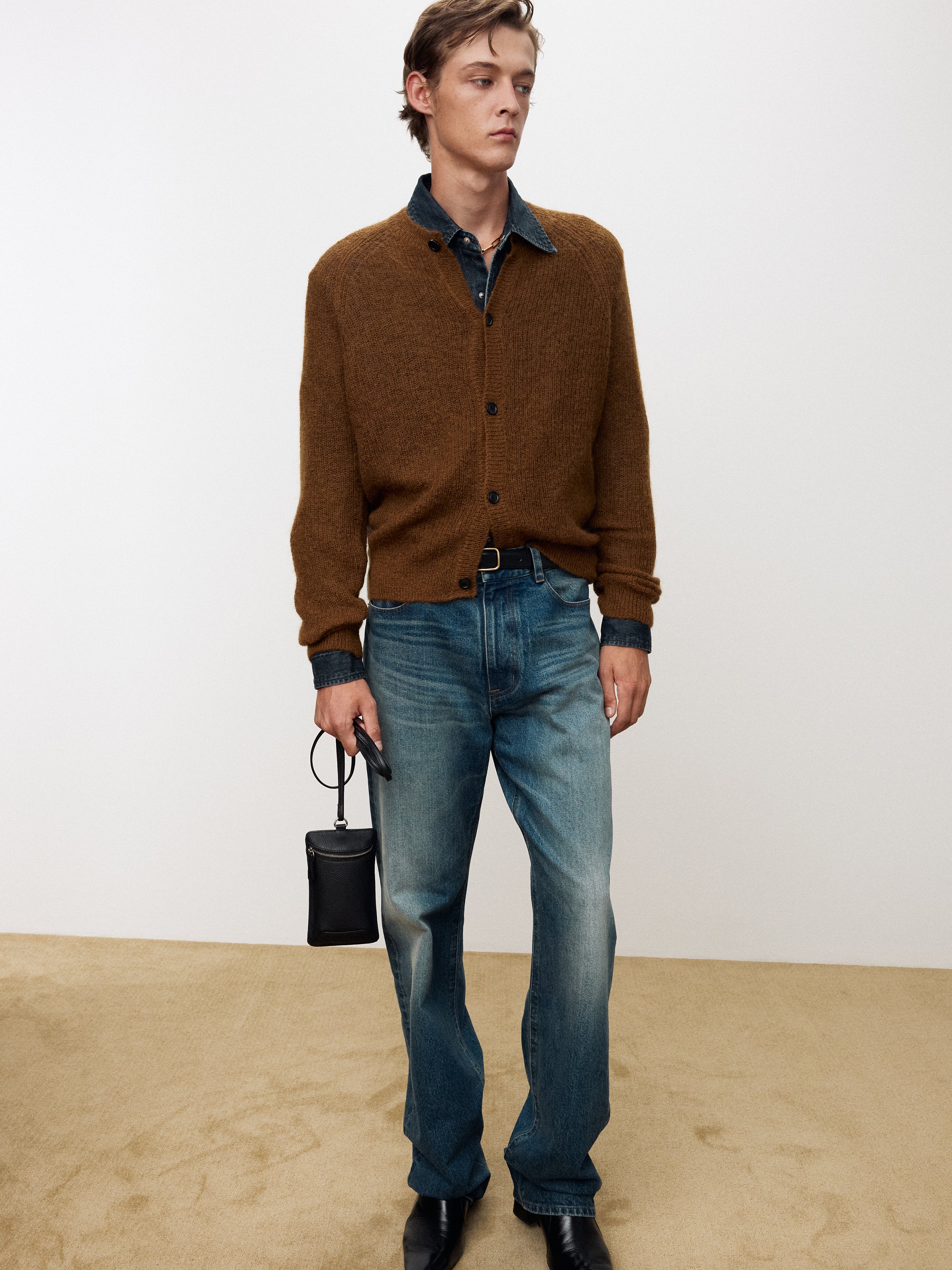 WOOL AND MOHAIR RIBBED MESH CARDIGAN_ CAMEL