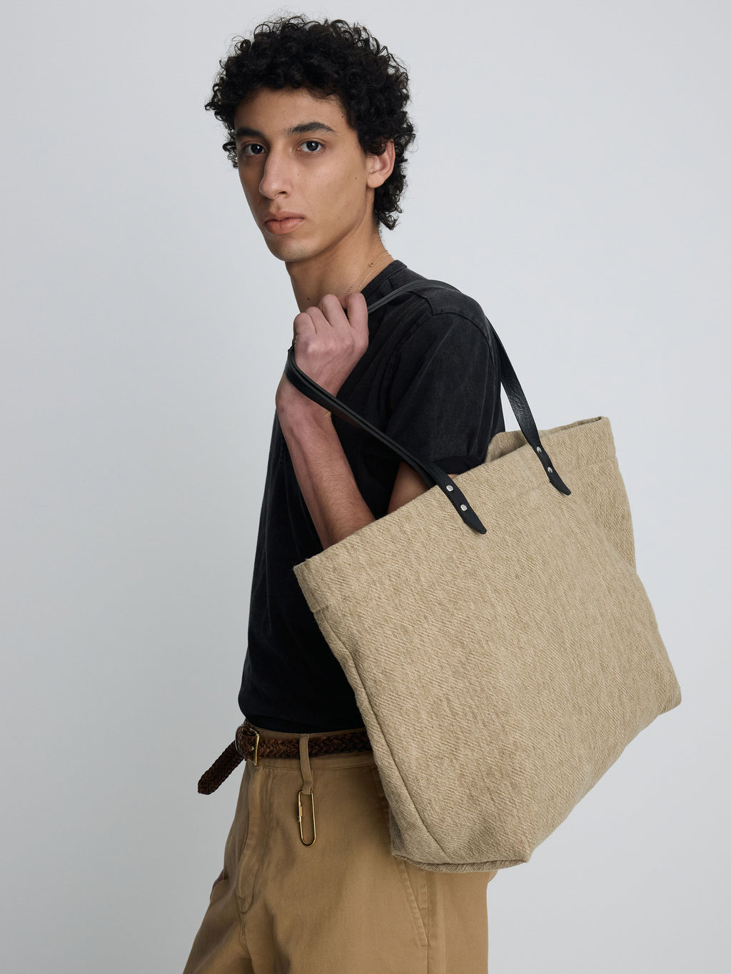 LEATHER HANDLE CANVAS TOTE BAG_ BEIGE KHAKI