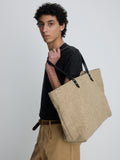 LEATHER HANDLE CANVAS TOTE BAG_ BEIGE KHAKI