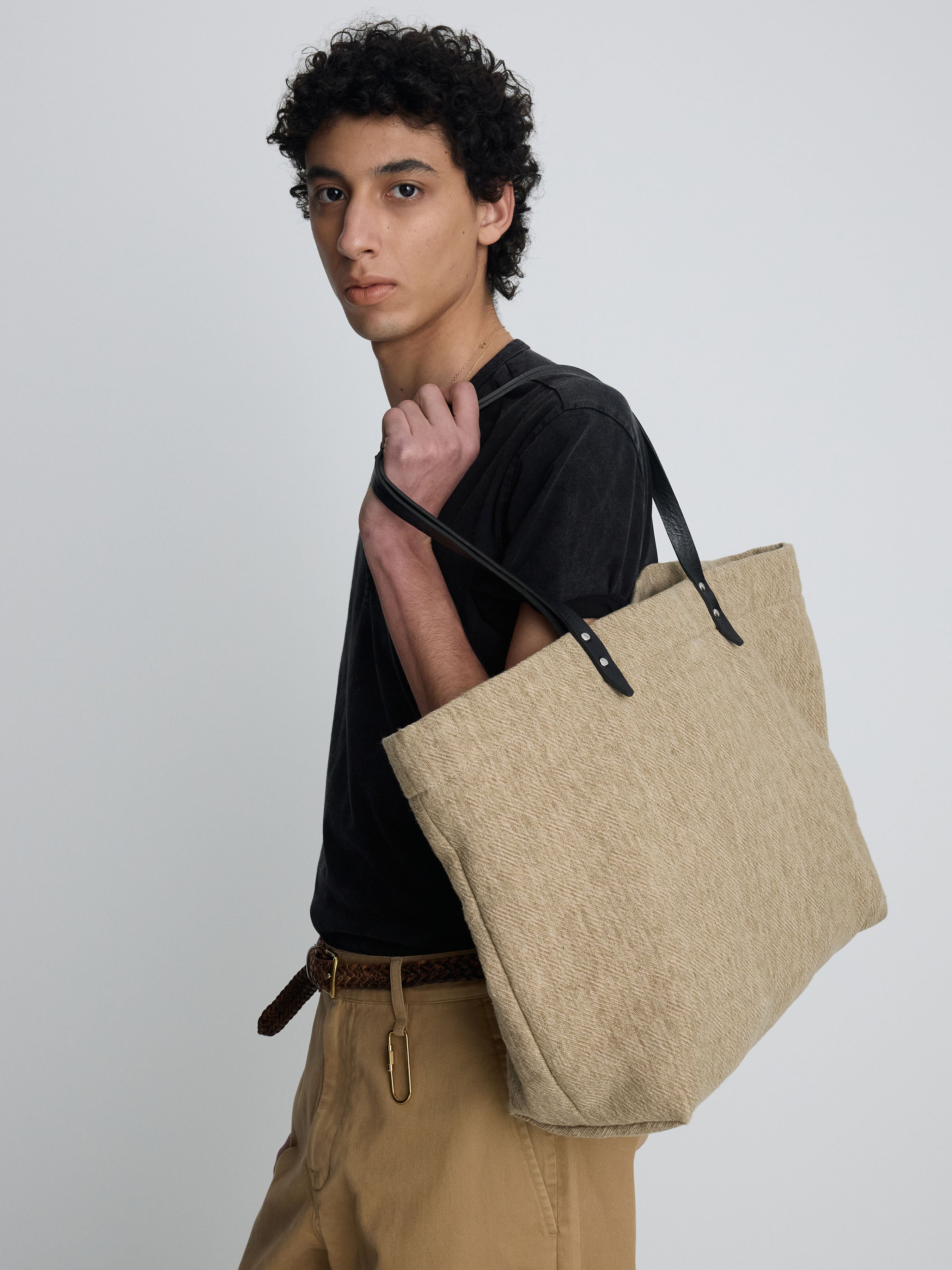 LEATHER HANDLE CANVAS TOTE BAG_ BEIGE KHAKI