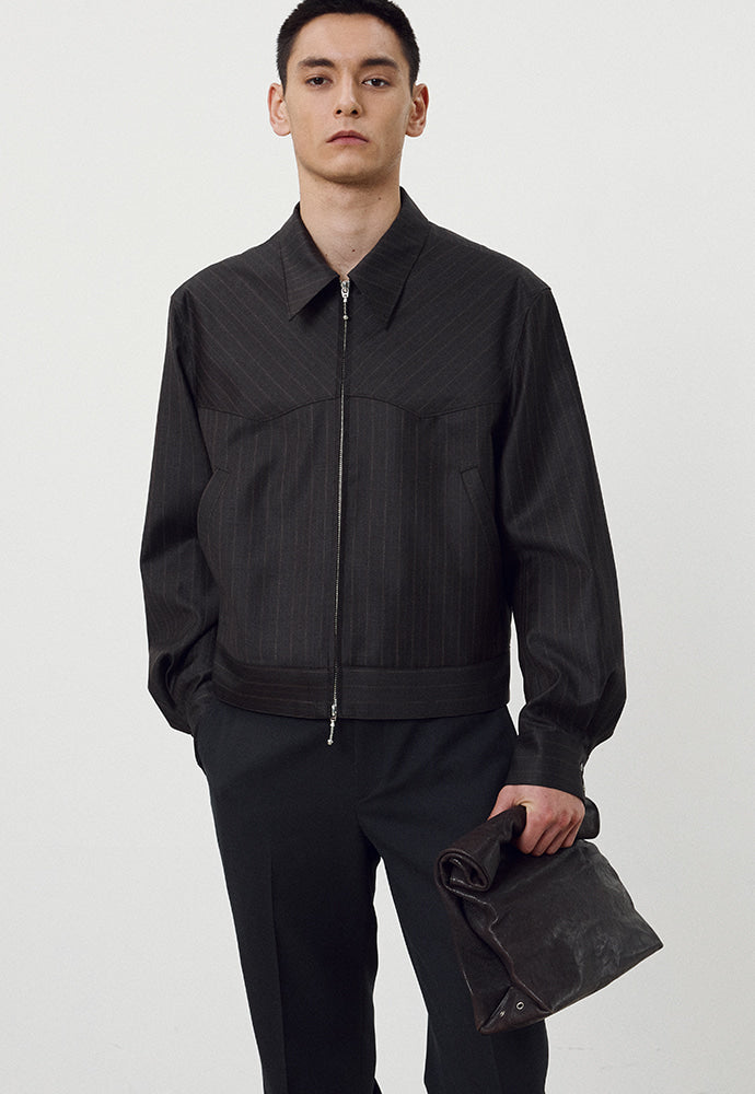 Worsted Wool Western Blouson Jacket_ Brown Stripe