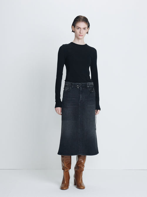 (W) DENIM MIDI SKIRT_ WASHED BLACK