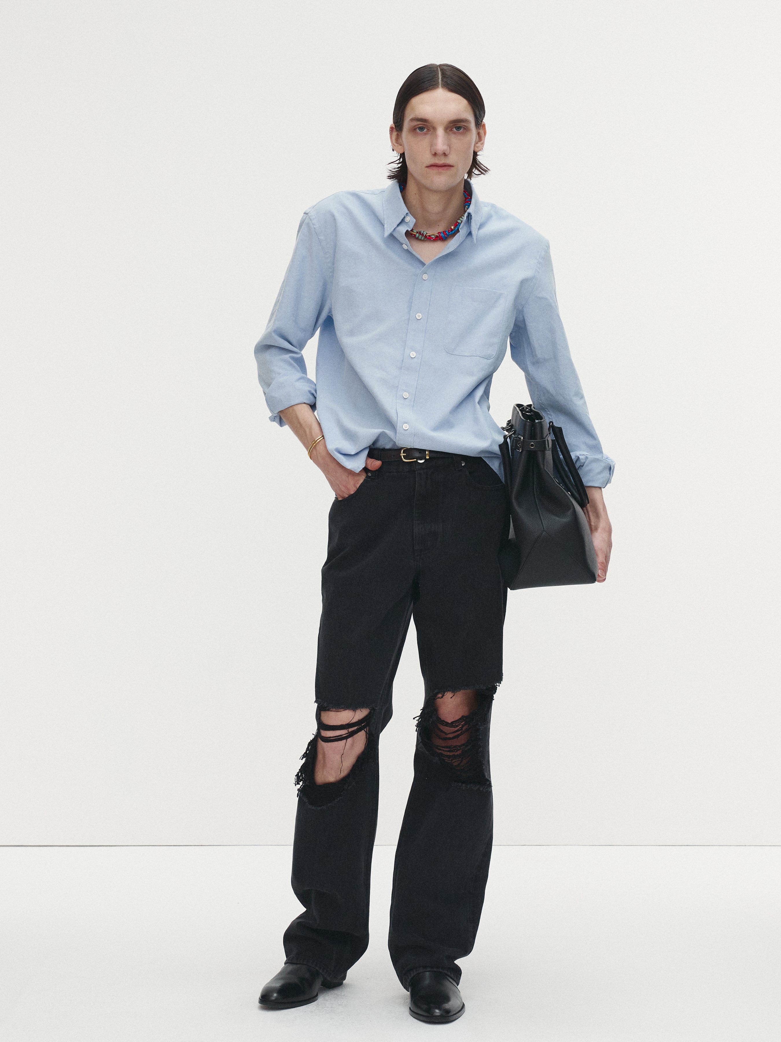 COTTON LYOCELL DISTRESSED OXFORD SHIRT_ SKY BLUE