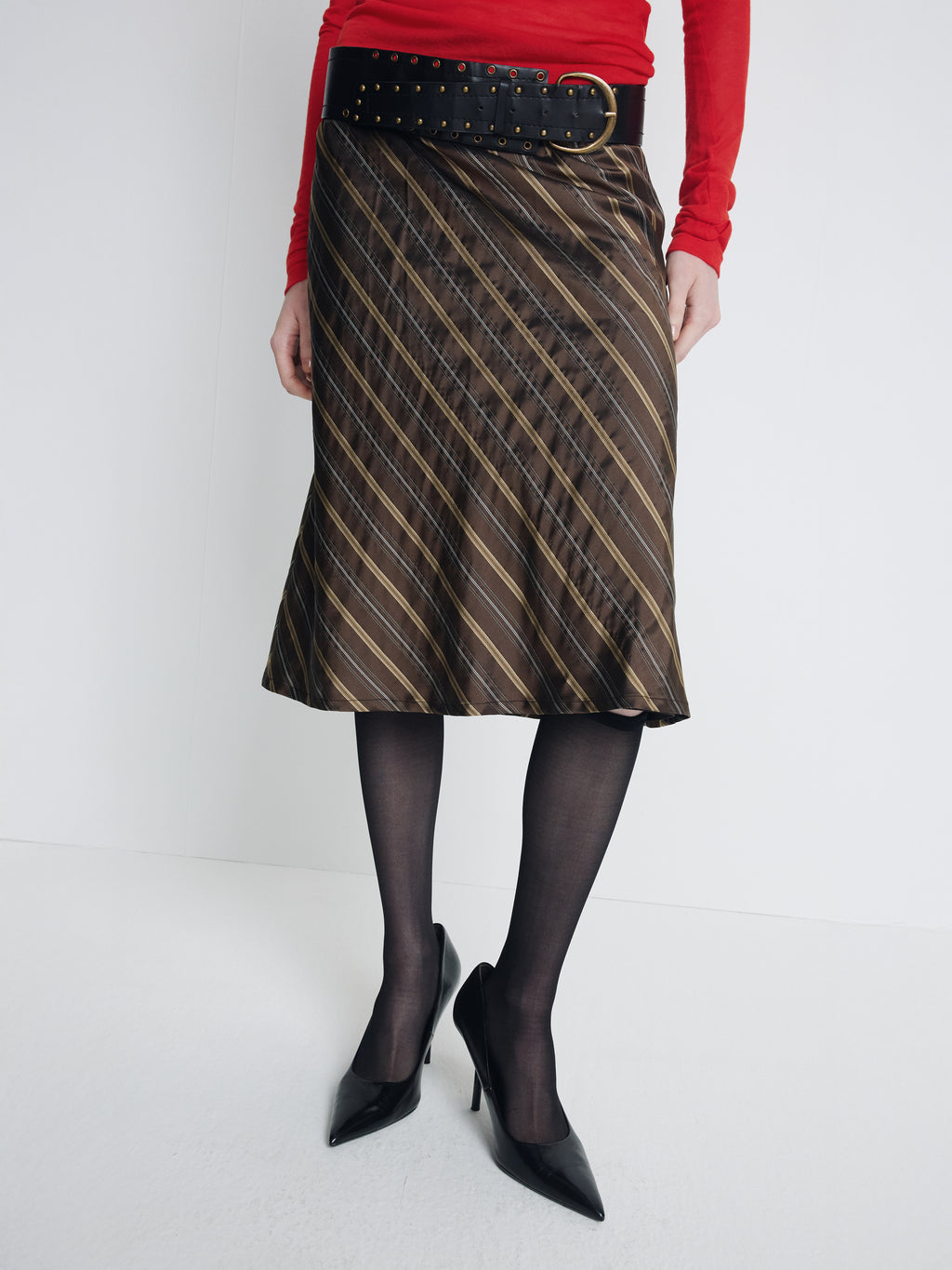 (W) SILK STRIPES MIDI-SKIRT_ BROWN STRIPE