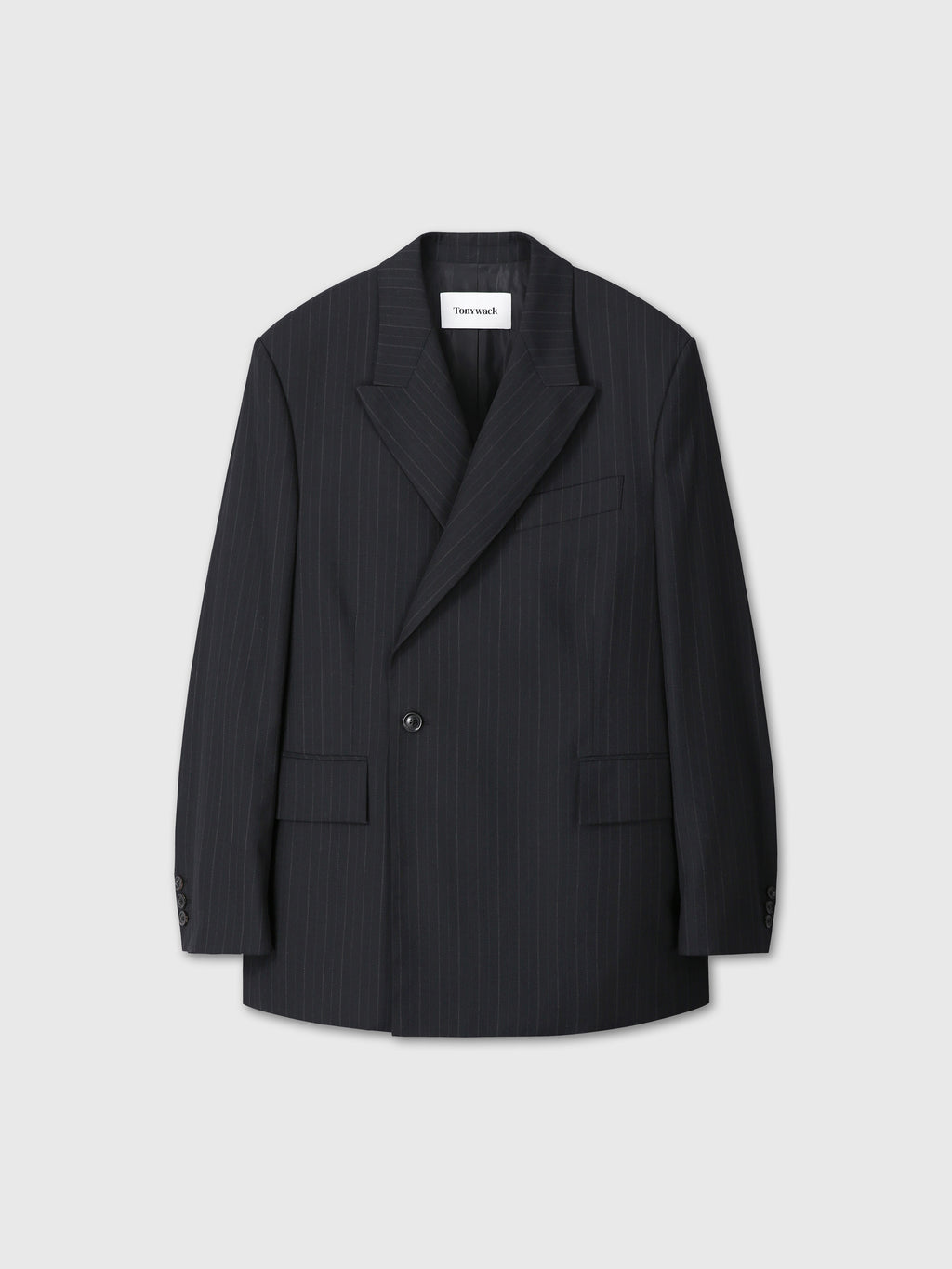 PINSTRIPED WOOL TAILORED WRAP BLAZER_ BLACK PINSTRIPE