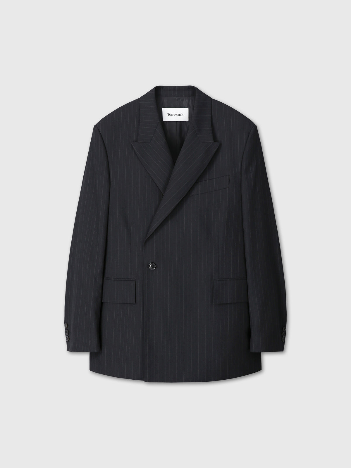 PINSTRIPED WOOL TAILORED WRAP BLAZER_ BLACK PINSTRIPE