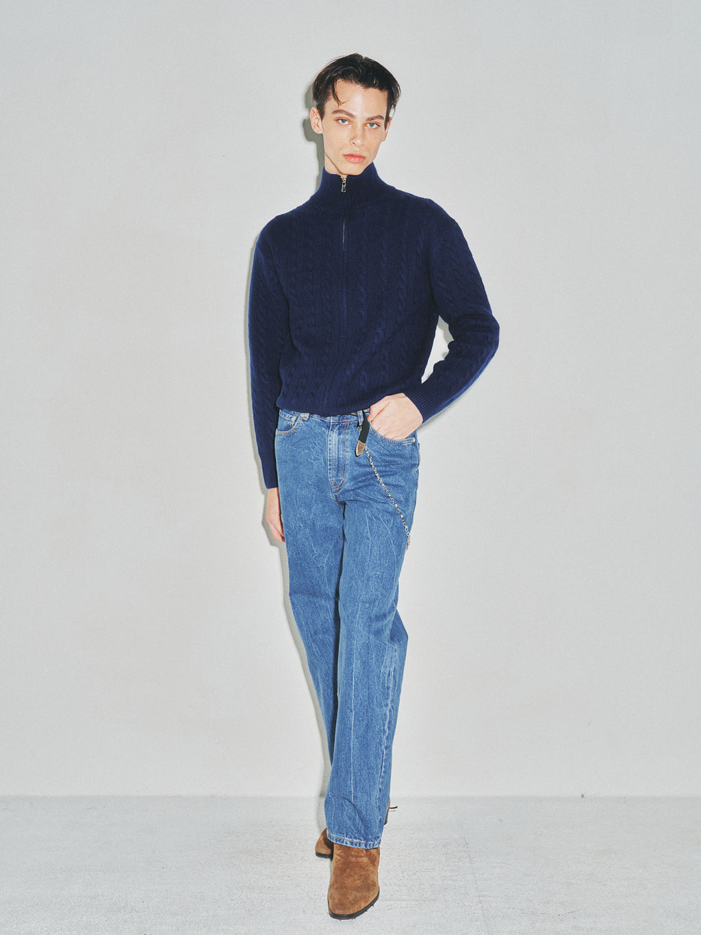 Super Fine Wool Cable Knit Zip-up_ Navy Blue