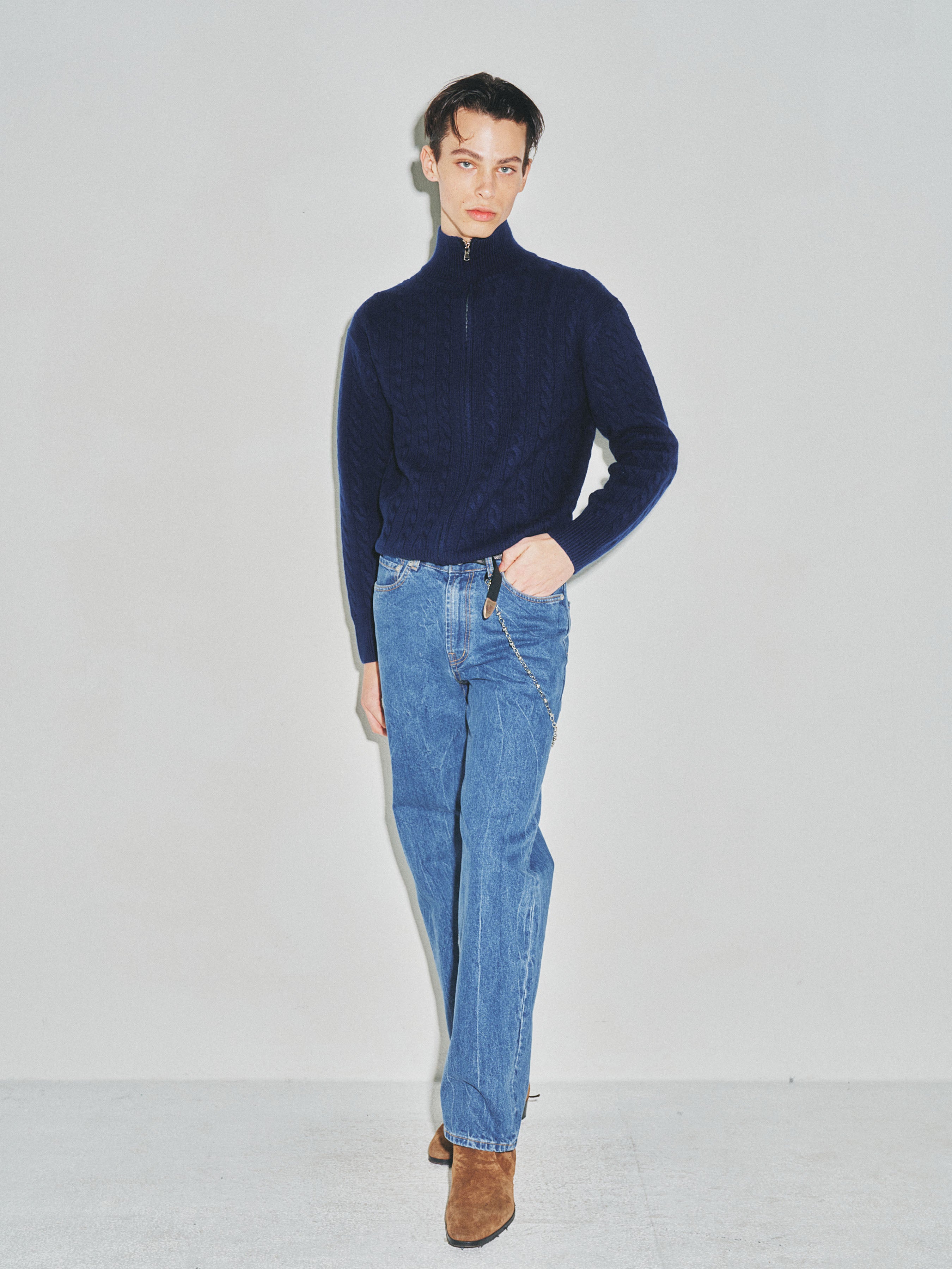 Super Fine Wool Cable Knit Zip-up_ Navy Blue